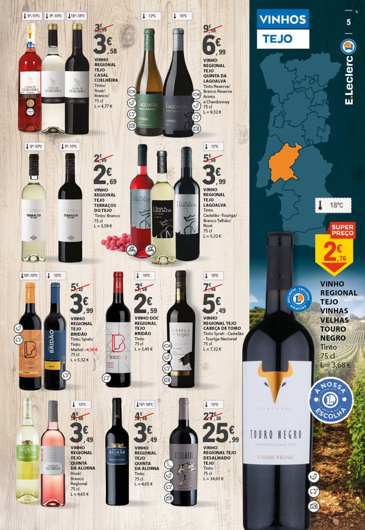 thumbnail - Folheto E.Leclerc - 24.1.2023 - 5.2.2023 - Produtos em promoção - vinho, Chardonnay, vinho branco, vinho tinto, syrah, merlot. Página 5.