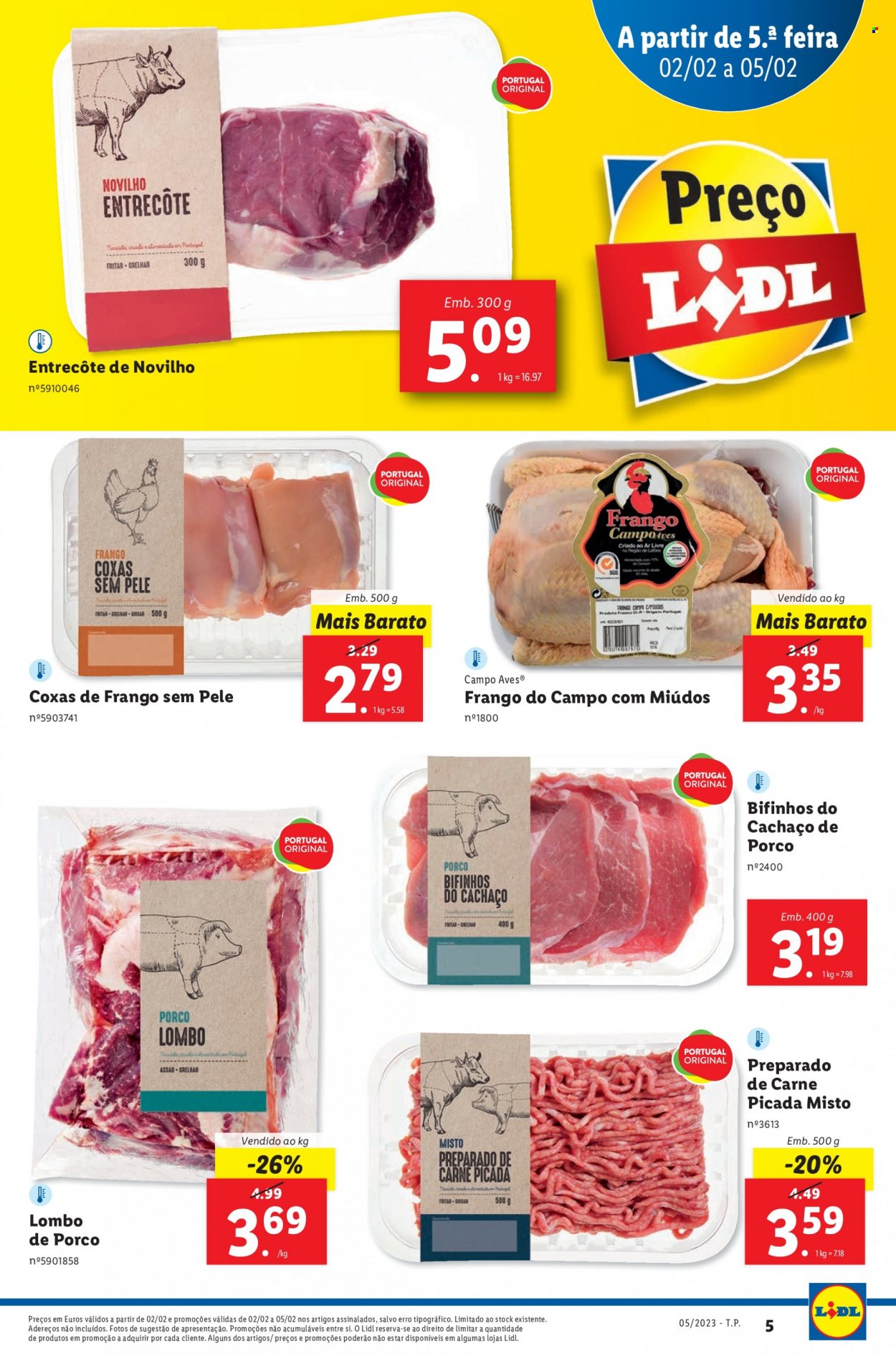 thumbnail - Folheto Lidl - 30.1.2023 - 5.2.2023 - Produtos em promoção - lombo, carne, lombo de porco, coxas de frango, perna de frango. Página 17.