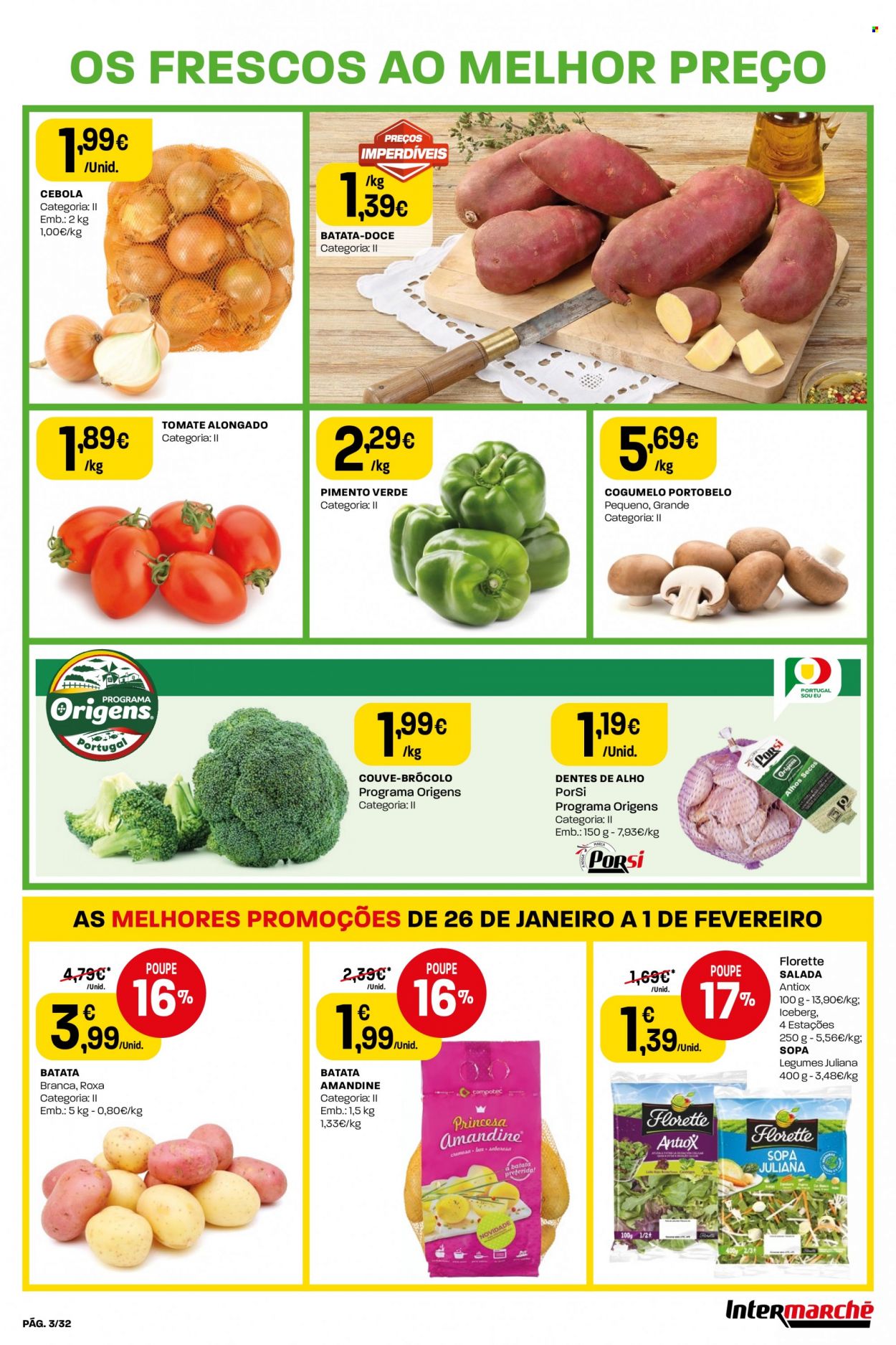 thumbnail - Folheto Intermarché - 26.1.2023 - 1.2.2023 - Produtos em promoção - batata-doce, batata, salada, couve, cebola, pimento, cogumelo, sopa. Página 3.