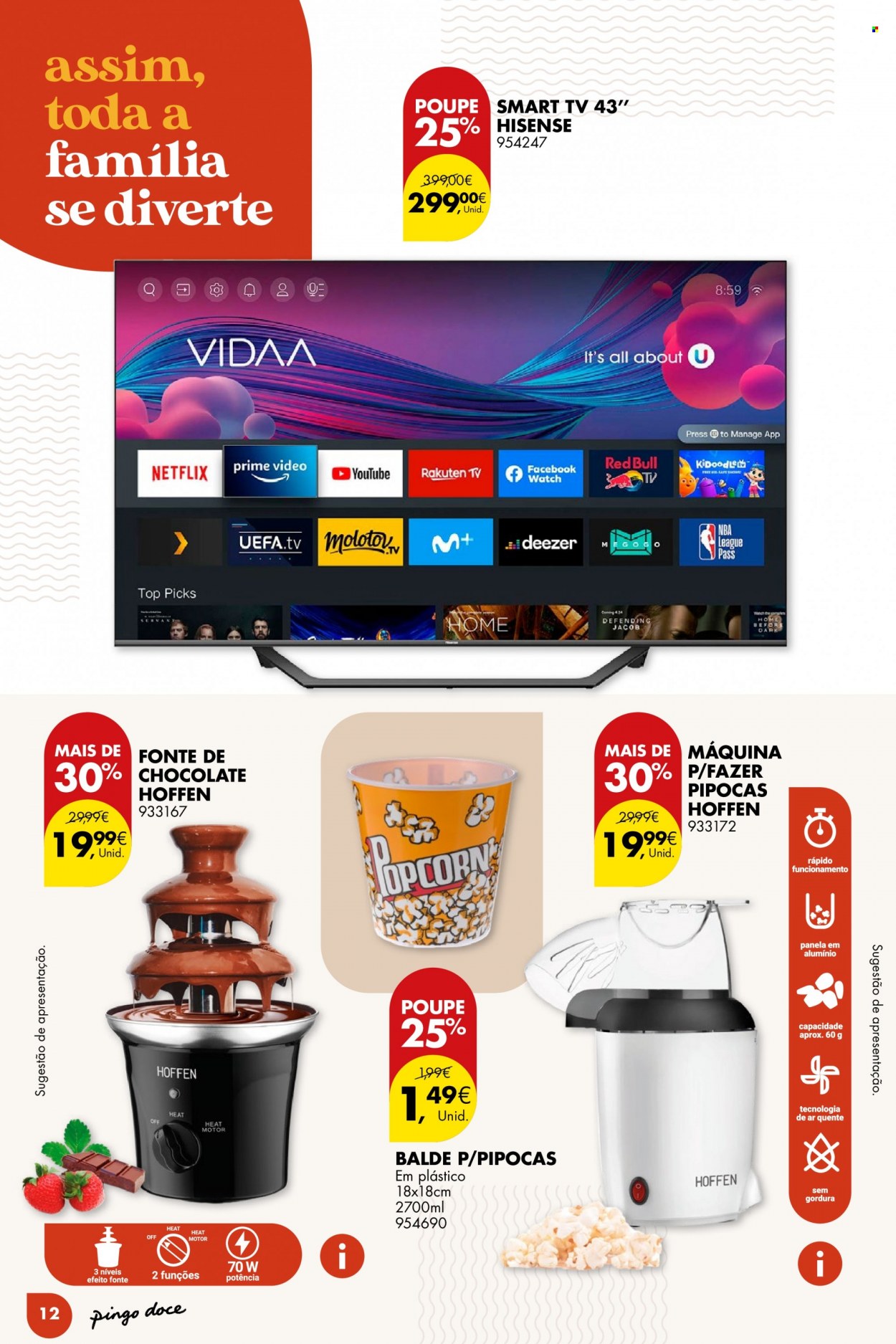 thumbnail - Folheto Pingo Doce - 31.1.2023 - 20.2.2023 - Produtos em promoção - chocolate, popcorn, pipoca, Red Bull, balde, panela, Smart TV, televisor (TV). Página 12.