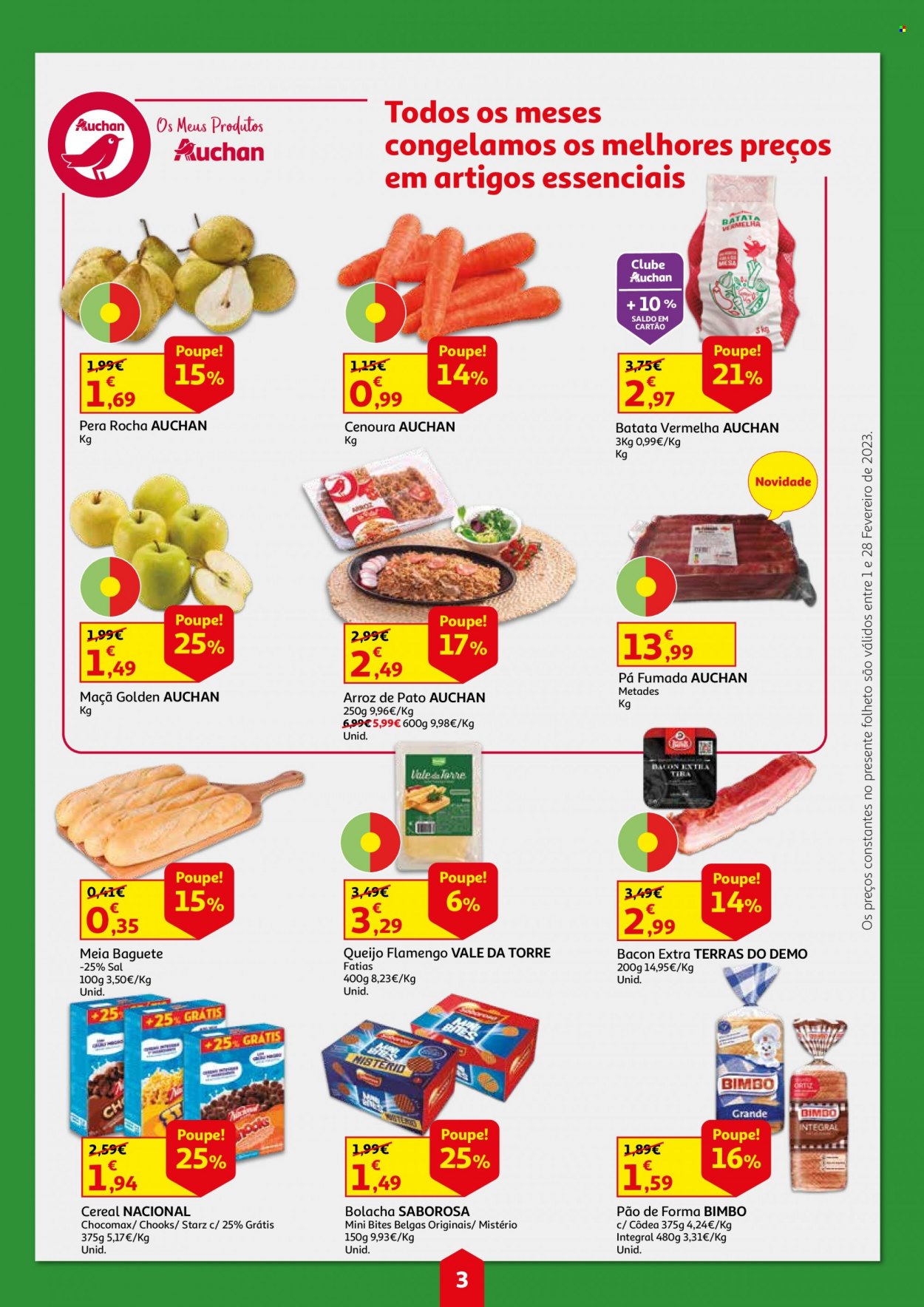 thumbnail - Folheto Auchan - 1.2.2023 - 28.2.2023 - Produtos em promoção - maçã, pera, batata roxa, pão, baguete, pão de forma, arroz de pato, bacon, queijo, queijo flamengo, bolachas, meias. Página 3.