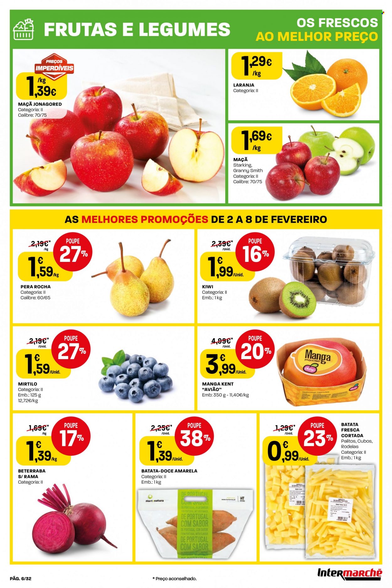 thumbnail - Folheto Intermarché - 2.2.2023 - 8.2.2023 - Produtos em promoção - maçã, pera, kiwi, laranja, mirtilo, manga, batata-doce, batata, beterraba. Página 6.