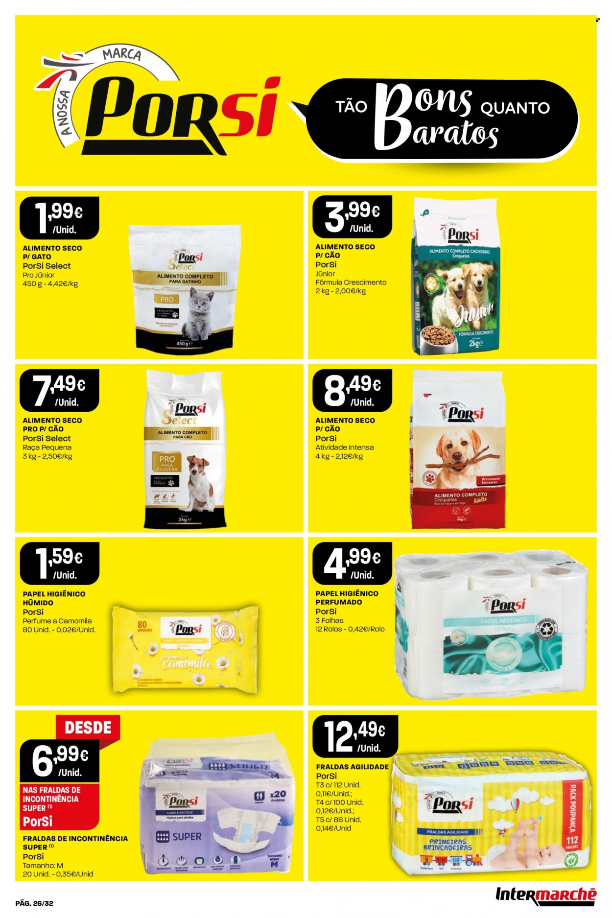 thumbnail - Folheto Intermarché - 2.2.2023 - 8.2.2023 - Produtos em promoção - croquetes, fraldas, talco, papel higiénico, perfume, alimentos para cães. Página 26.