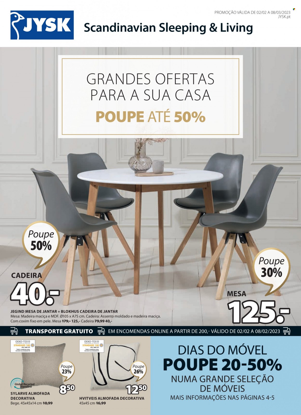 thumbnail - Folheto Jysk - 2.2.2023 - 8.2.2023 - Produtos em promoção - coxim, mesa de jantar, cadeira. Página 1.