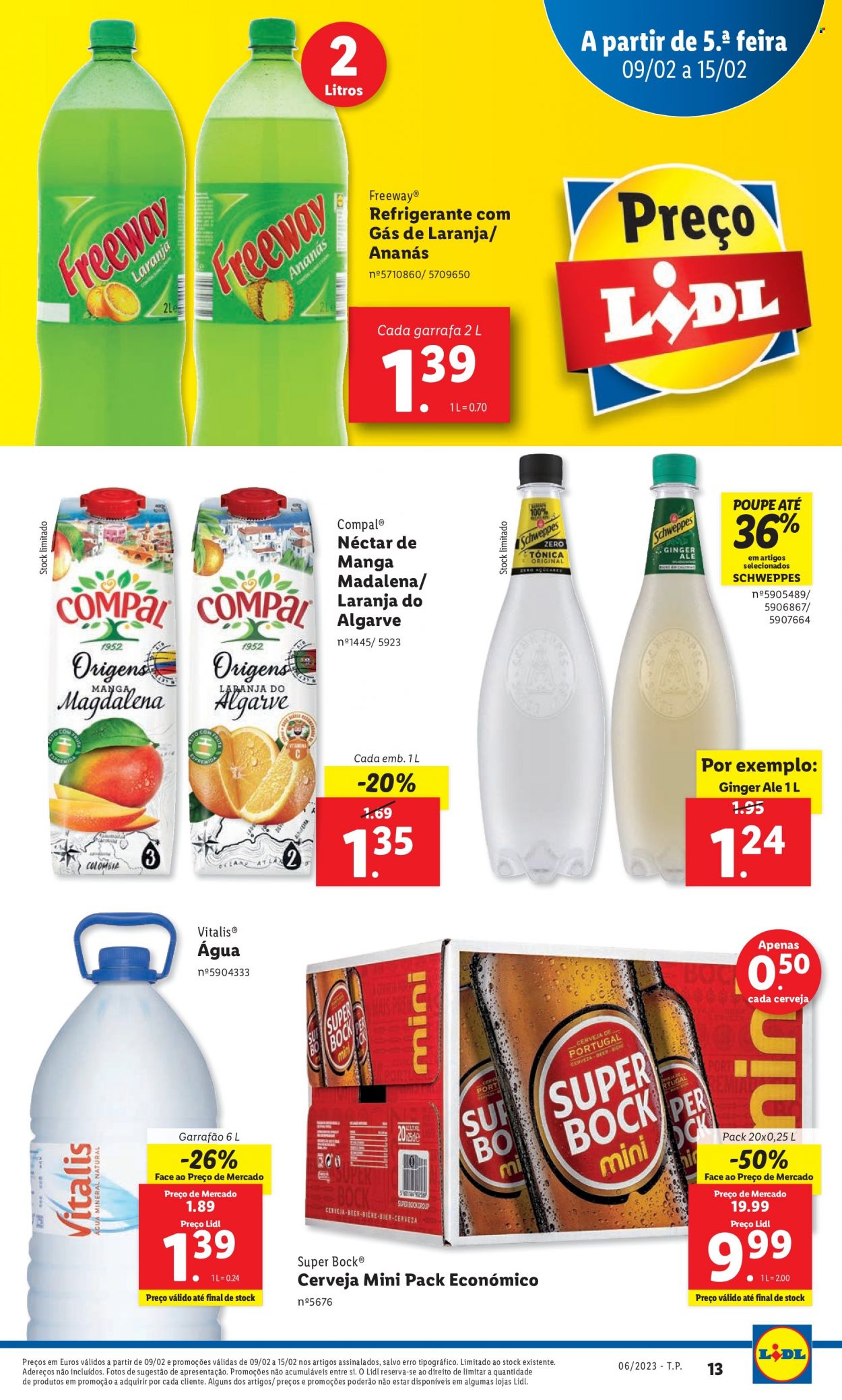 thumbnail - Folheto Lidl - 6.2.2023 - 15.2.2023 - Produtos em promoção - ginger ale, Super Bock, cerveja, Compal. Página 13.