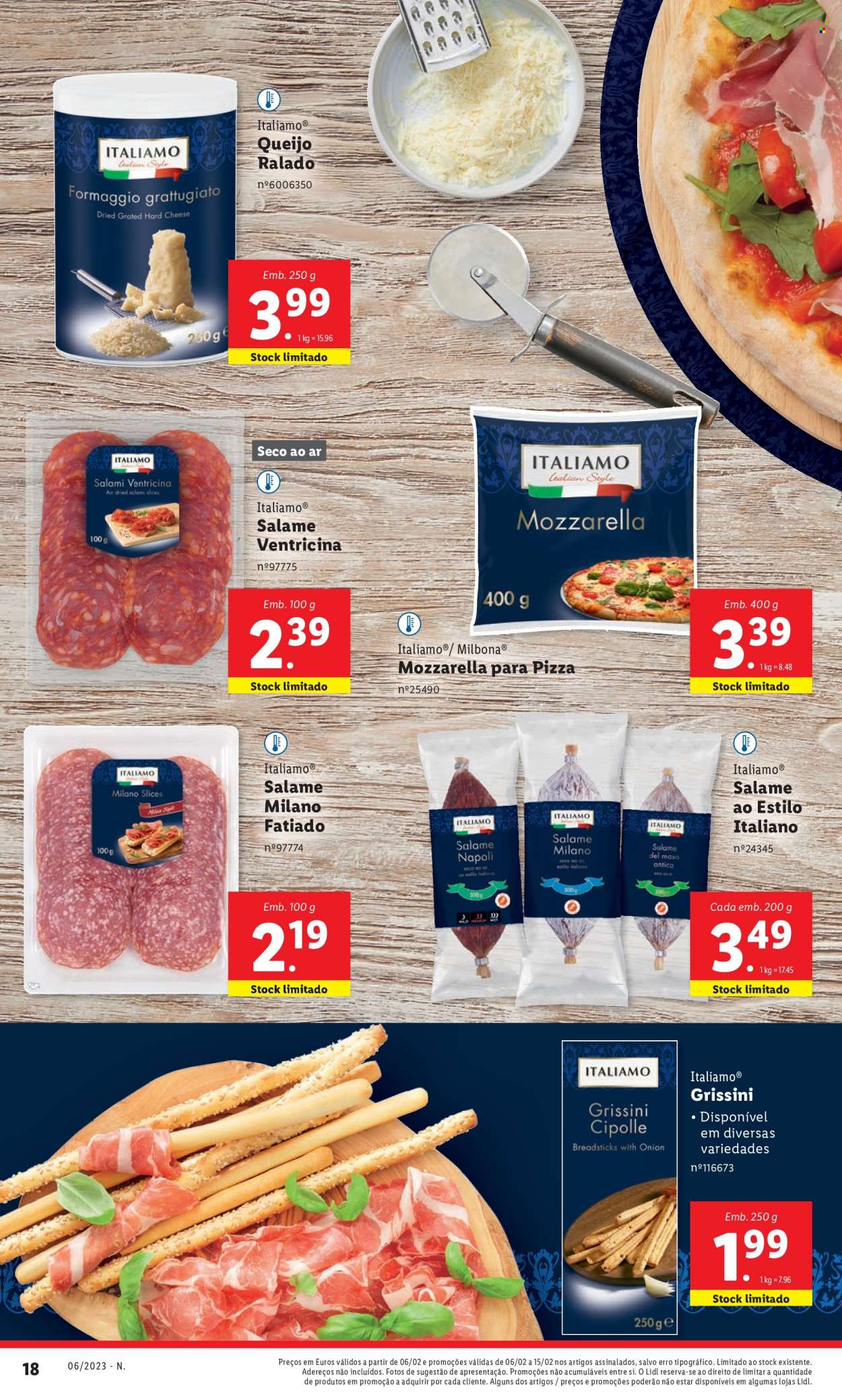thumbnail - Folheto Lidl - 6.2.2023 - 15.2.2023 - Produtos em promoção - queijo, mozzarella, gressinos. Página 18.