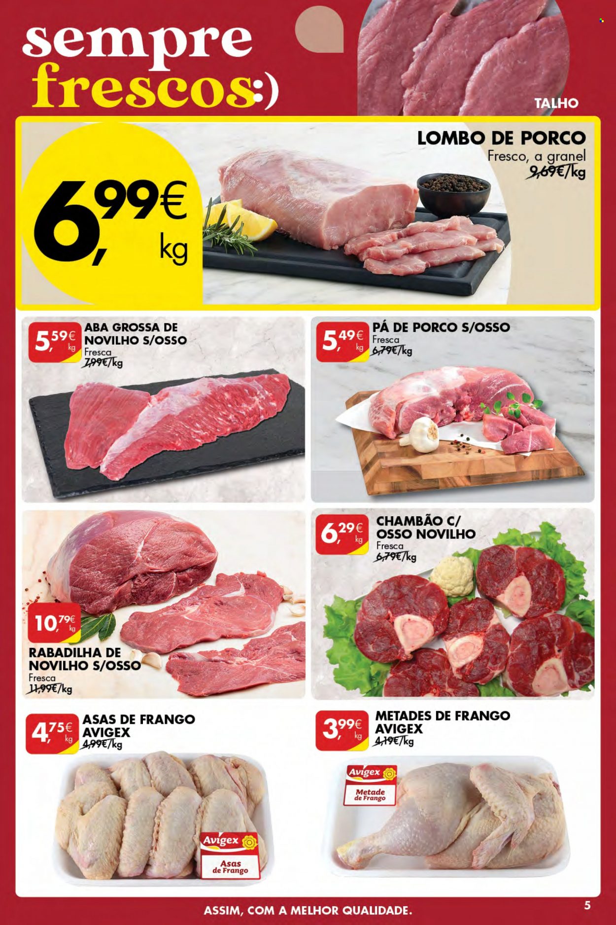 thumbnail - Folheto Pingo Doce - 2.2.2023 - 8.2.2023 - Produtos em promoção - lombo, lombo de porco, pá de porco, asa de frango, trouxa de frango, carne de novilho. Página 5.