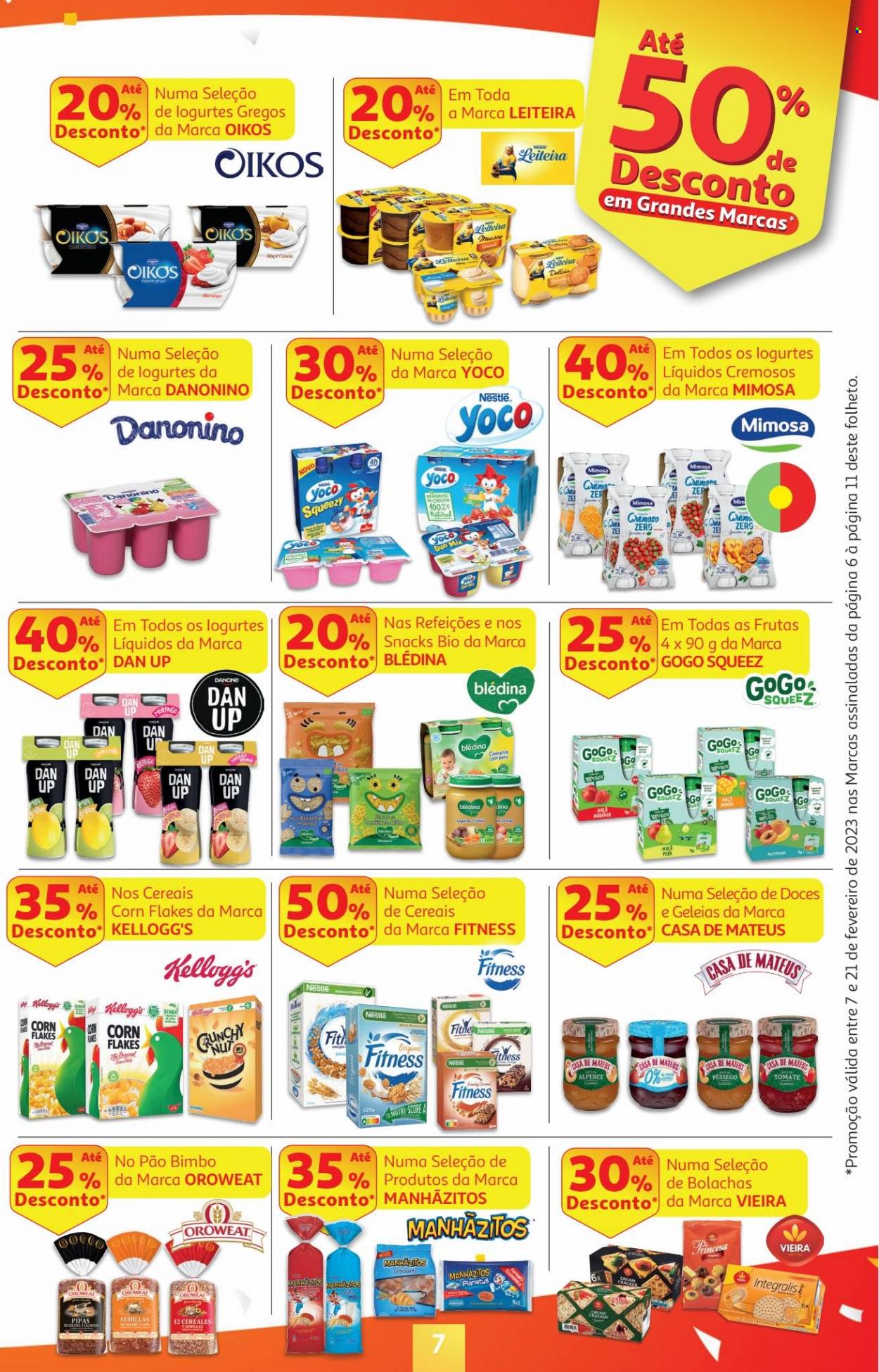 thumbnail - Folheto Auchan - 7.2.2023 - 21.2.2023 - Produtos em promoção - pêssego, alperce, pão de forma, Danone, Mimosa, Oikos, Nestlé, Manhãzitos, sucrilhos, Kellogg's, doce de frutos, Blédina, GoGo squeeZ. Página 7.
