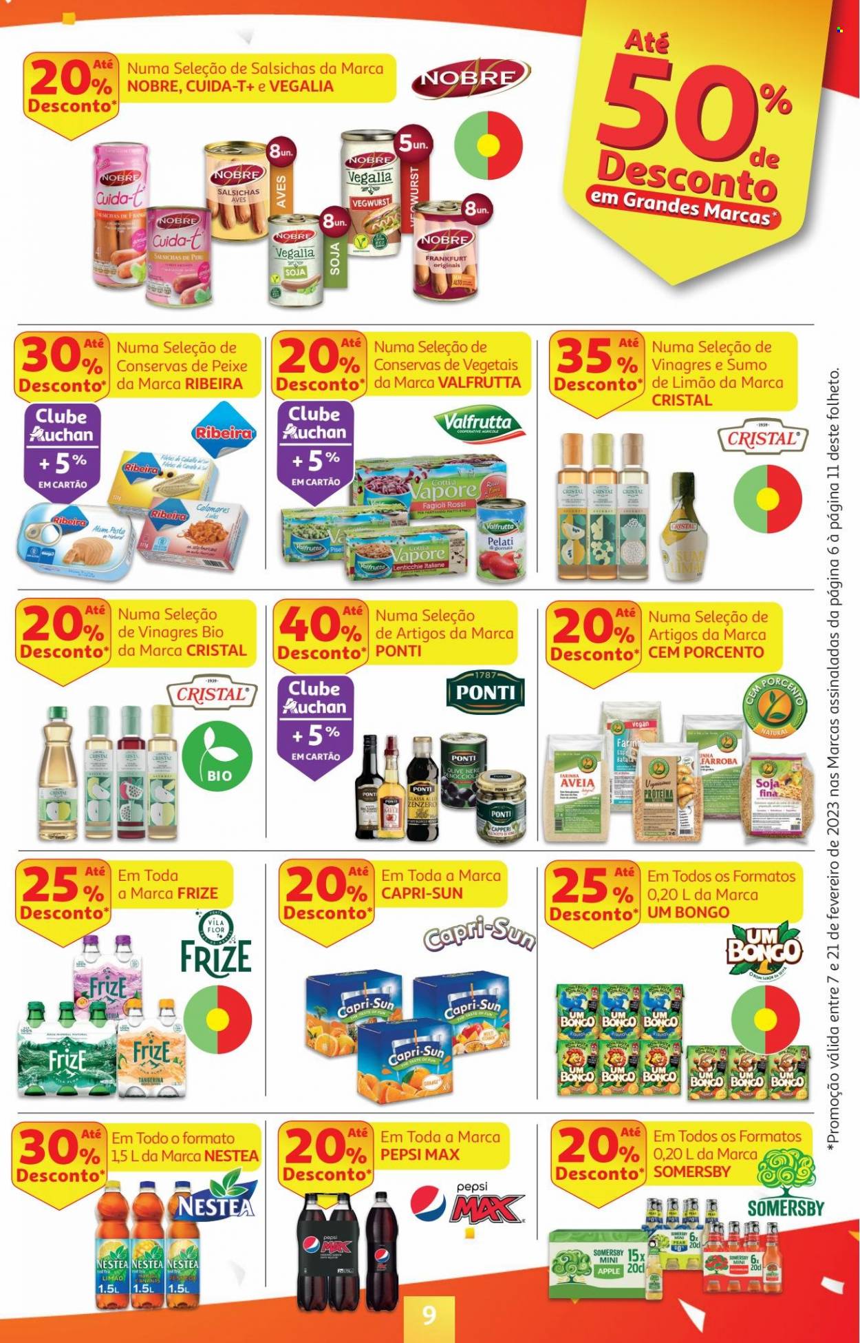 thumbnail - Folheto Auchan - 7.2.2023 - 21.2.2023 - Produtos em promoção - Somersby, batata, perú, lula, salsicha, farinha, soja, sumo de limão, Pepsi, sumo. Página 9.