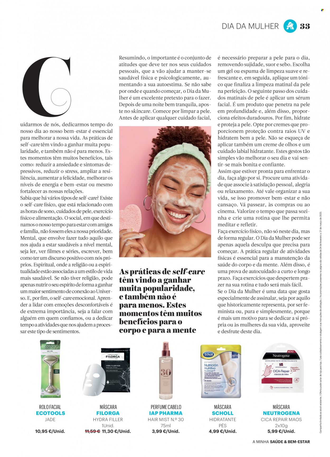 thumbnail - Folheto Auchan - 24.2.2023 - 27.3.2023 - Produtos em promoção - máscara, Neutrogena, sérum, perfume, Scholl. Página 33.