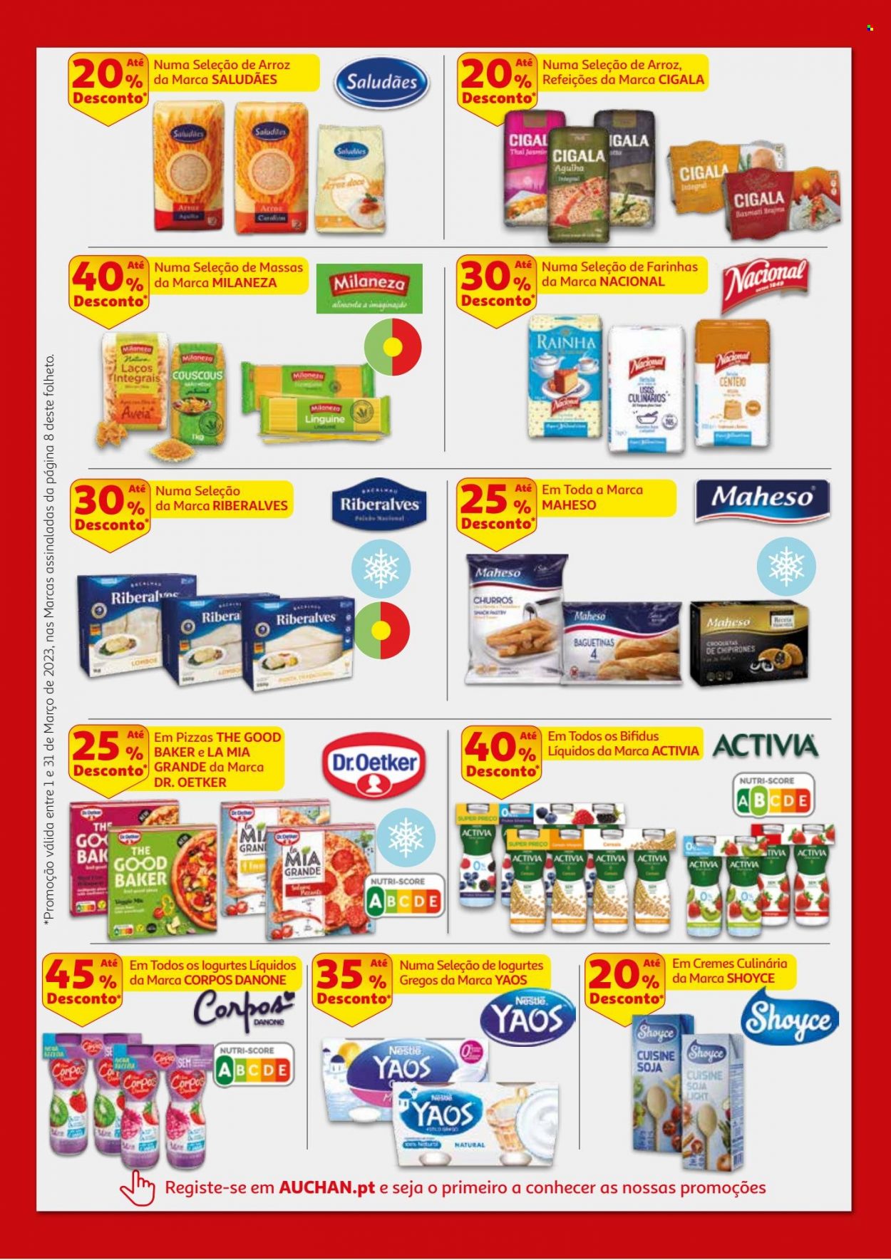 thumbnail - Folheto Auchan - 1.3.2023 - 31.3.2023 - Produtos em promoção - churros, pizza, Dr. Oetker, Activia, Danone, arroz doce, Nestlé, couscous, soja, basmati, avelã. Página 8.