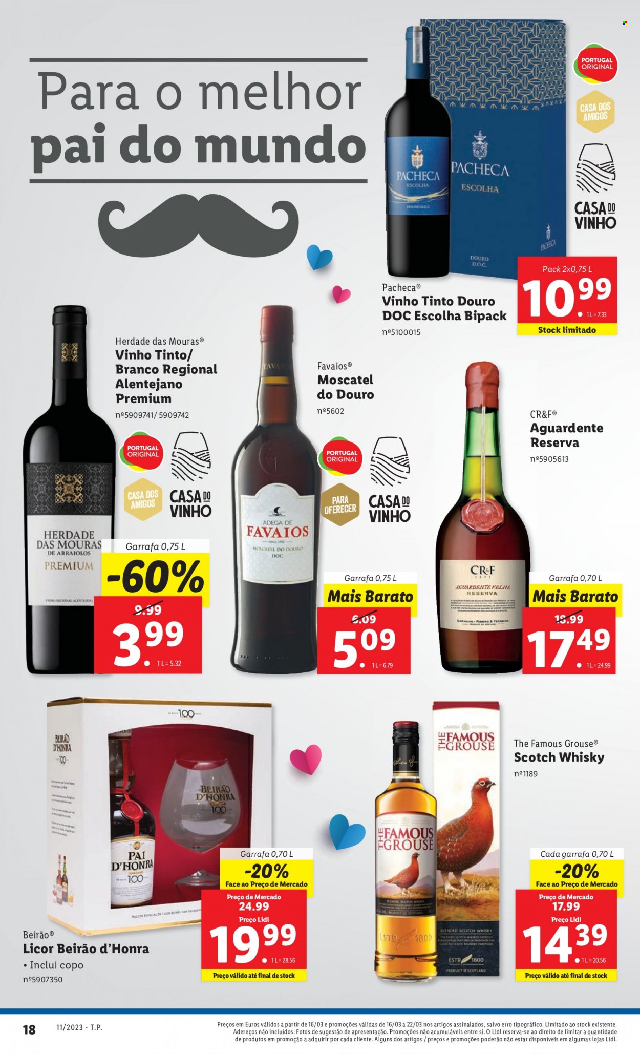 Folheto Lidl - 16.3.2023 - 22.3.2023 - Produtos em promoção - whiskey, scotch whisky, liqueur, Licor Beirão, aguardente, vinho, vinho tinto. Página 18.