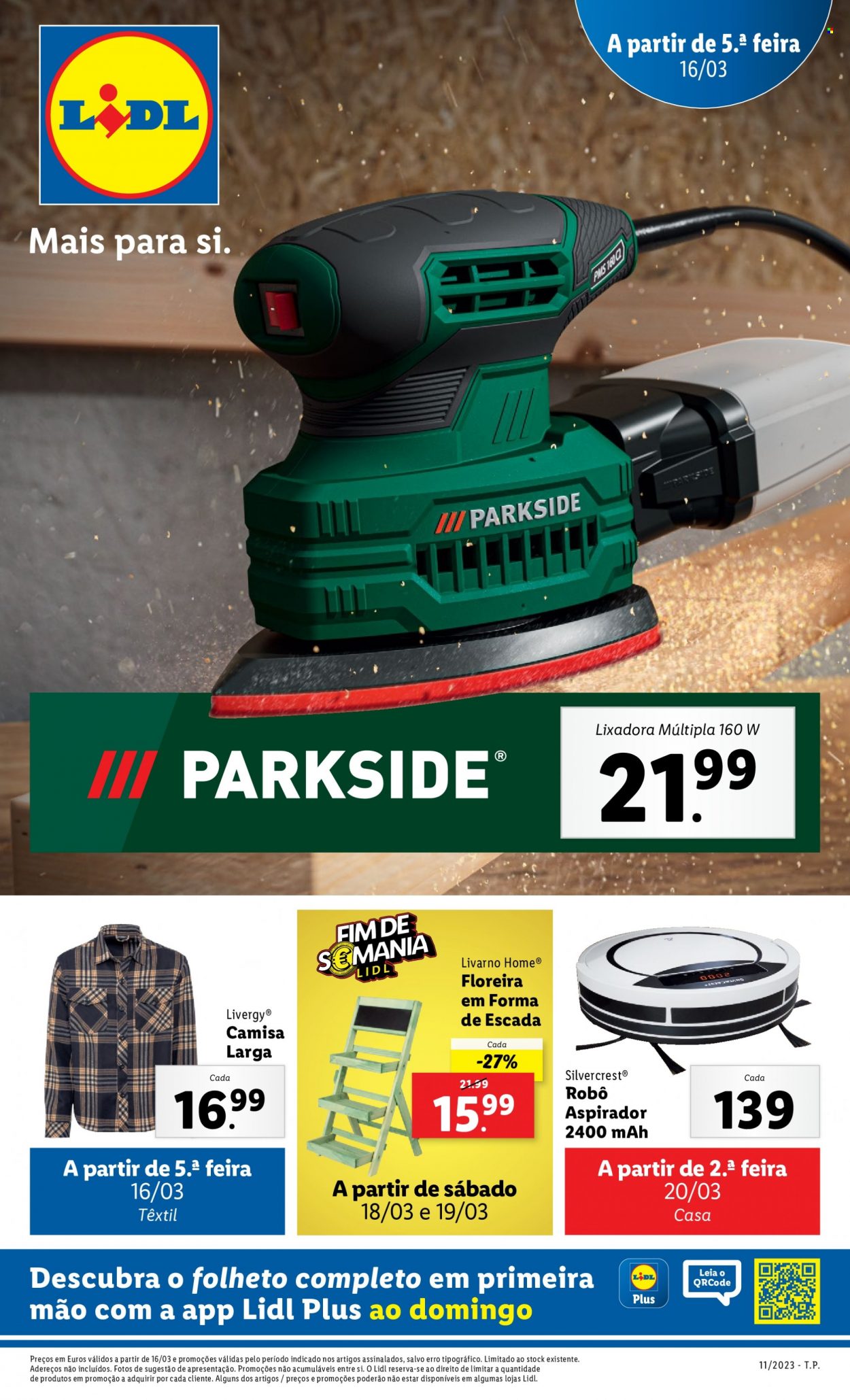 Folheto Lidl - 16.3.2023 - 22.3.2023 - Produtos em promoção - camisa, escada, lixadeira, floreira, aspirador, robô aspirador, Silvercrest. Página 29.