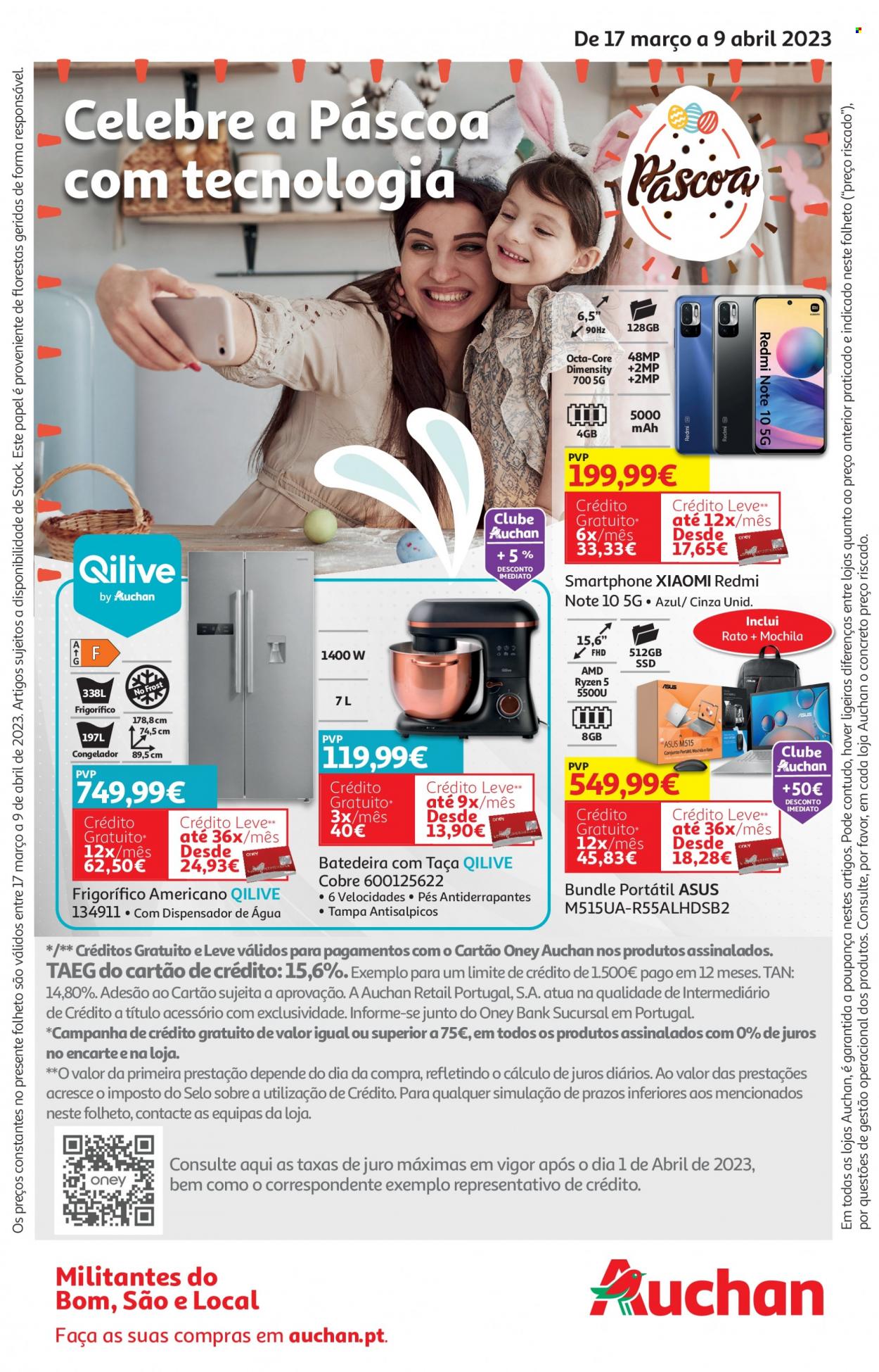 thumbnail - Folheto Auchan - 17.3.2023 - 9.4.2023 - Produtos em promoção - mochila, Asus, smartphone, Redmi, PC portátil, mouse, refrigerador, frigorífico, frigorífico americano, batedeira, Qilive. Página 1.
