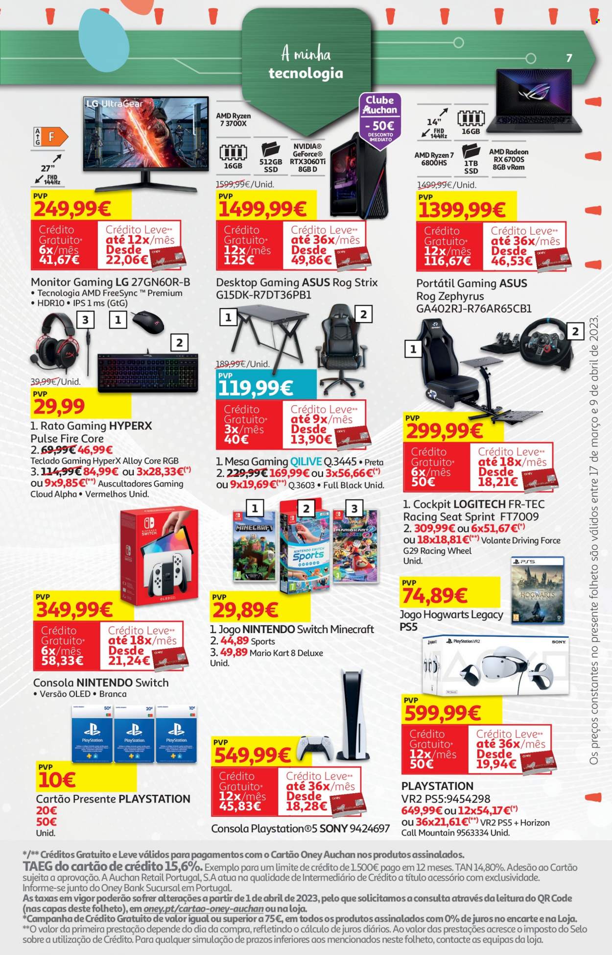 thumbnail - Folheto Auchan - 17.3.2023 - 9.4.2023 - Produtos em promoção - LG, teclado, Asus, Sony, auriculares, PC portátil, mouse, monitor, monitor gamer, Qilive, mesa. Página 7.