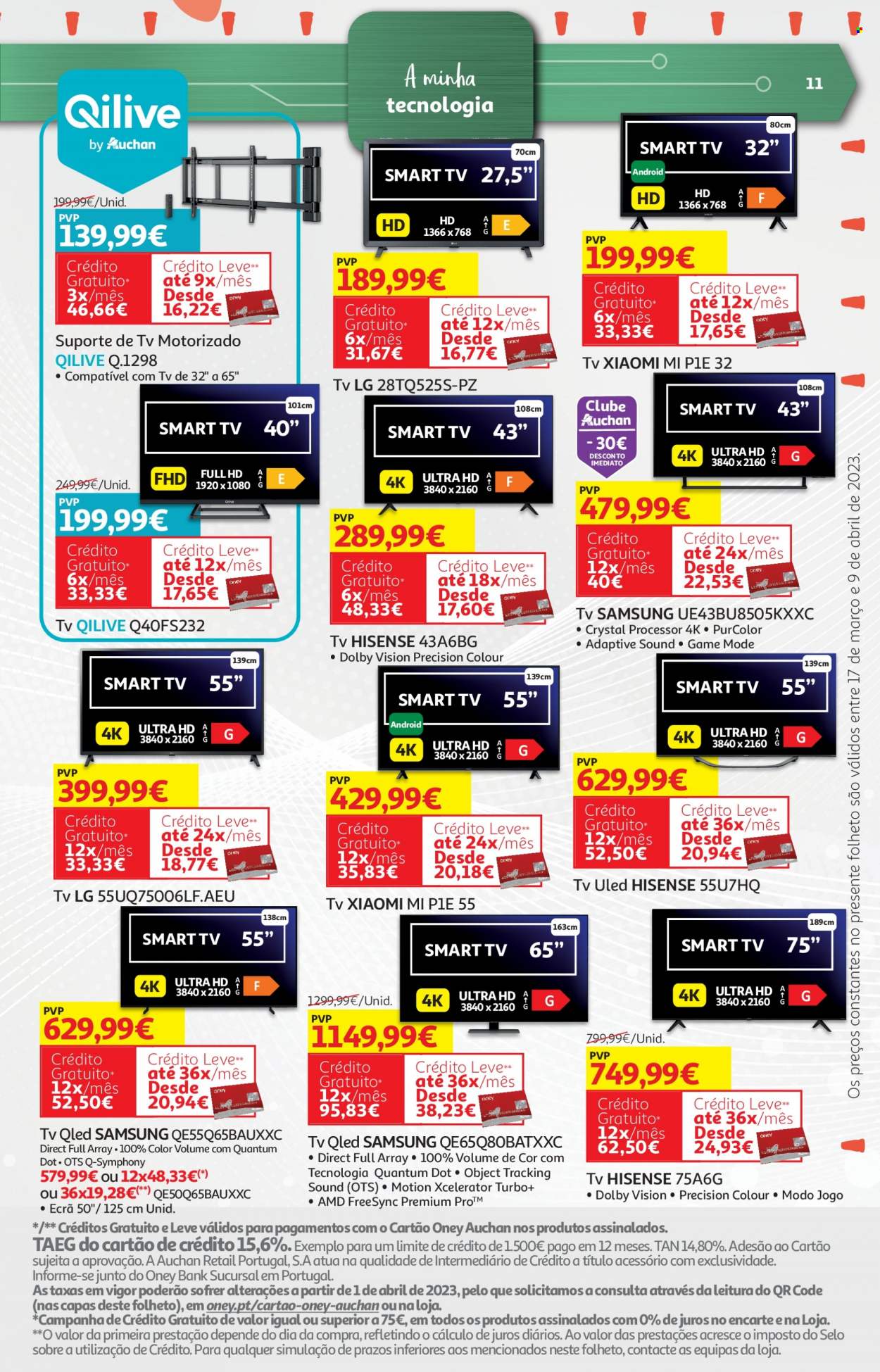 thumbnail - Folheto Auchan - 17.3.2023 - 9.4.2023 - Produtos em promoção - suporte de TV, Hisense, QLED TV, Samsung, Smart TV, televisor (TV). Página 11.