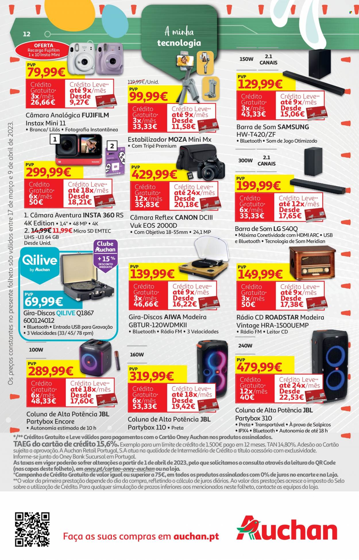 thumbnail - Folheto Auchan - 17.3.2023 - 9.4.2023 - Produtos em promoção - Samsung, LG, Canon, Qilive, coluna de som. Página 12.