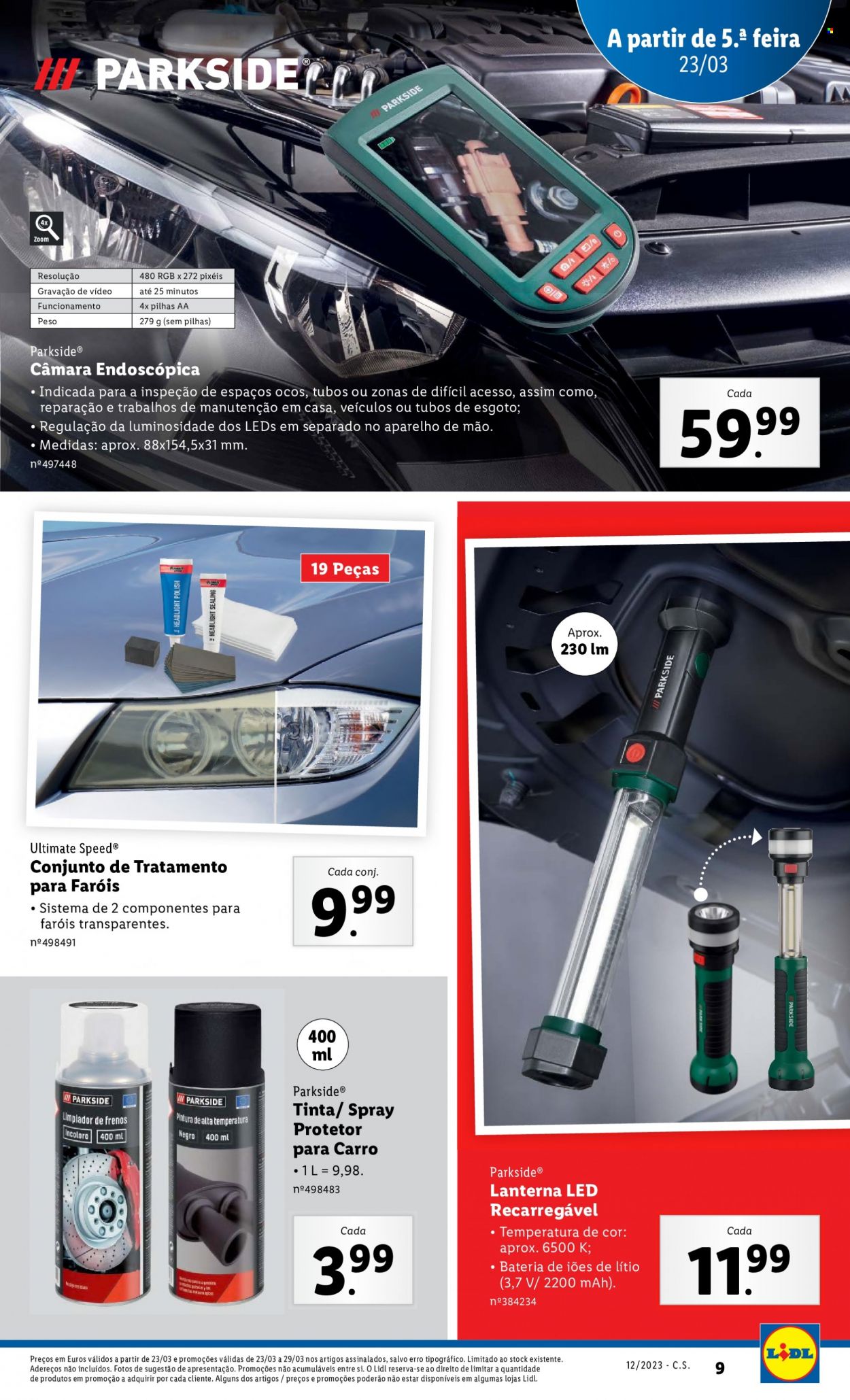 thumbnail - Folheto Lidl - 23.3.2023 - 29.3.2023 - Produtos em promoção - produtos de limpeza para carro, lanterna, carro brinquedo, Parkside®, spray protetor para carro. Página 9.