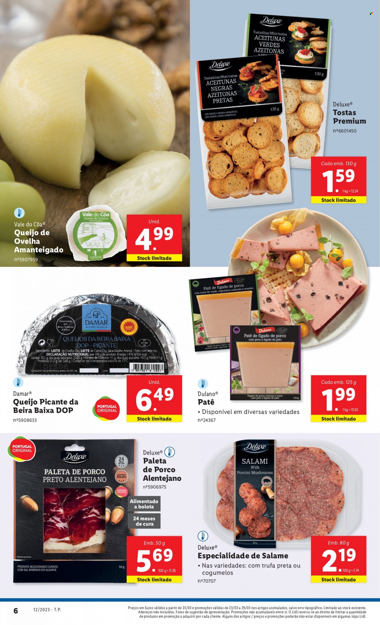 thumbnail - Folheto Lidl - 23.3.2023 - 29.3.2023 - Produtos em promoção - pão torrado, cogumelo, salame, paté, queijo, queijo de ovelha. Página 28.
