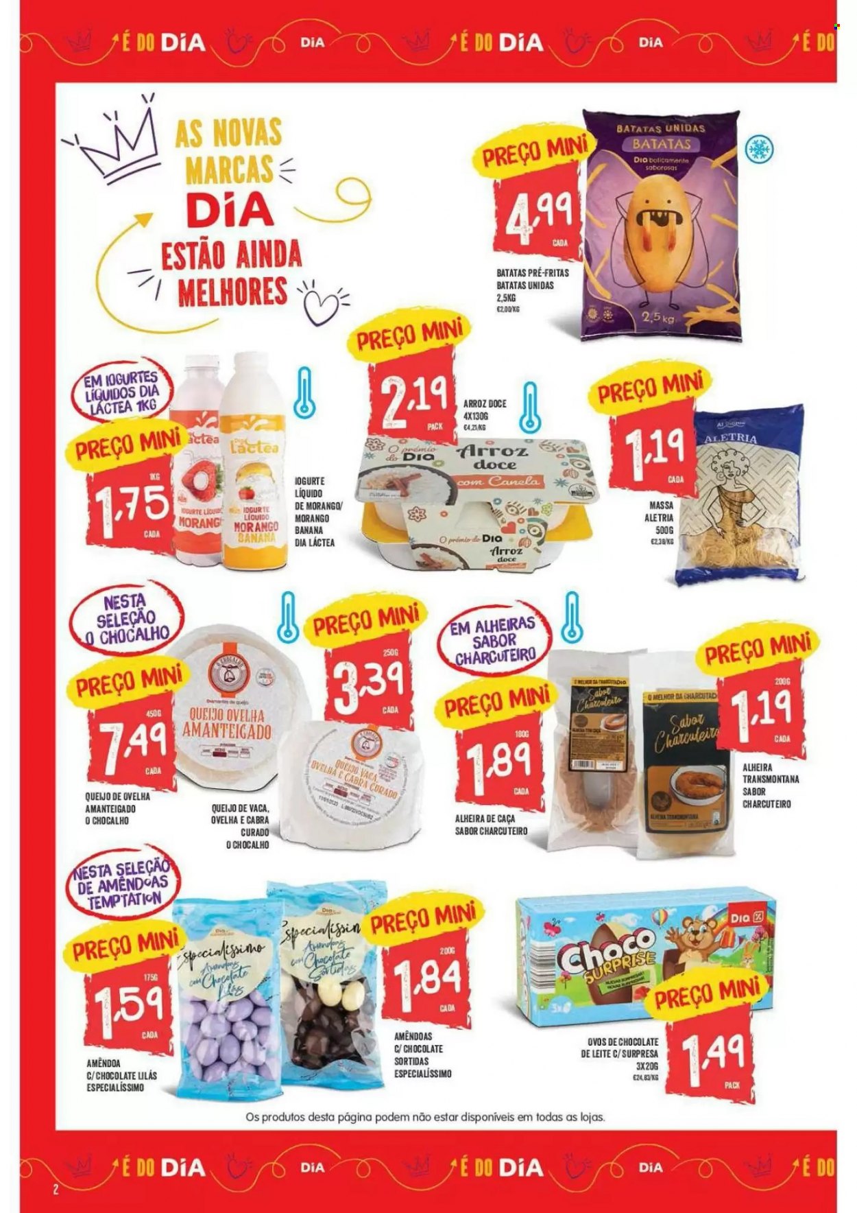 thumbnail - Folheto Minipreço - 23.3.2023 - 29.3.2023 - Produtos em promoção - alheira, queijo, queijo de ovelha, iogurte líquido, arroz doce, batata frita, arroz, ovo de chocolate. Página 2.
