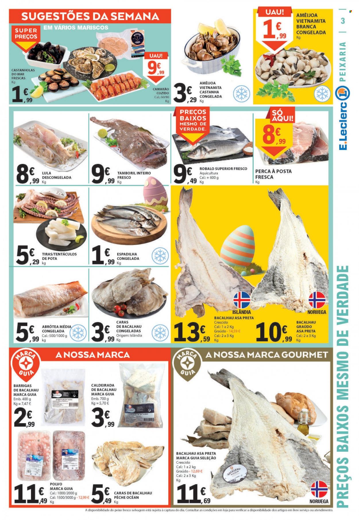 thumbnail - Folheto E.Leclerc - 23.3.2023 - 29.3.2023 - Produtos em promoção - camarão, polvo, lula, robalo, amêijoa, tentáculos de polvo, castanhas congeladas, bacalhau, peixe. Página 3.