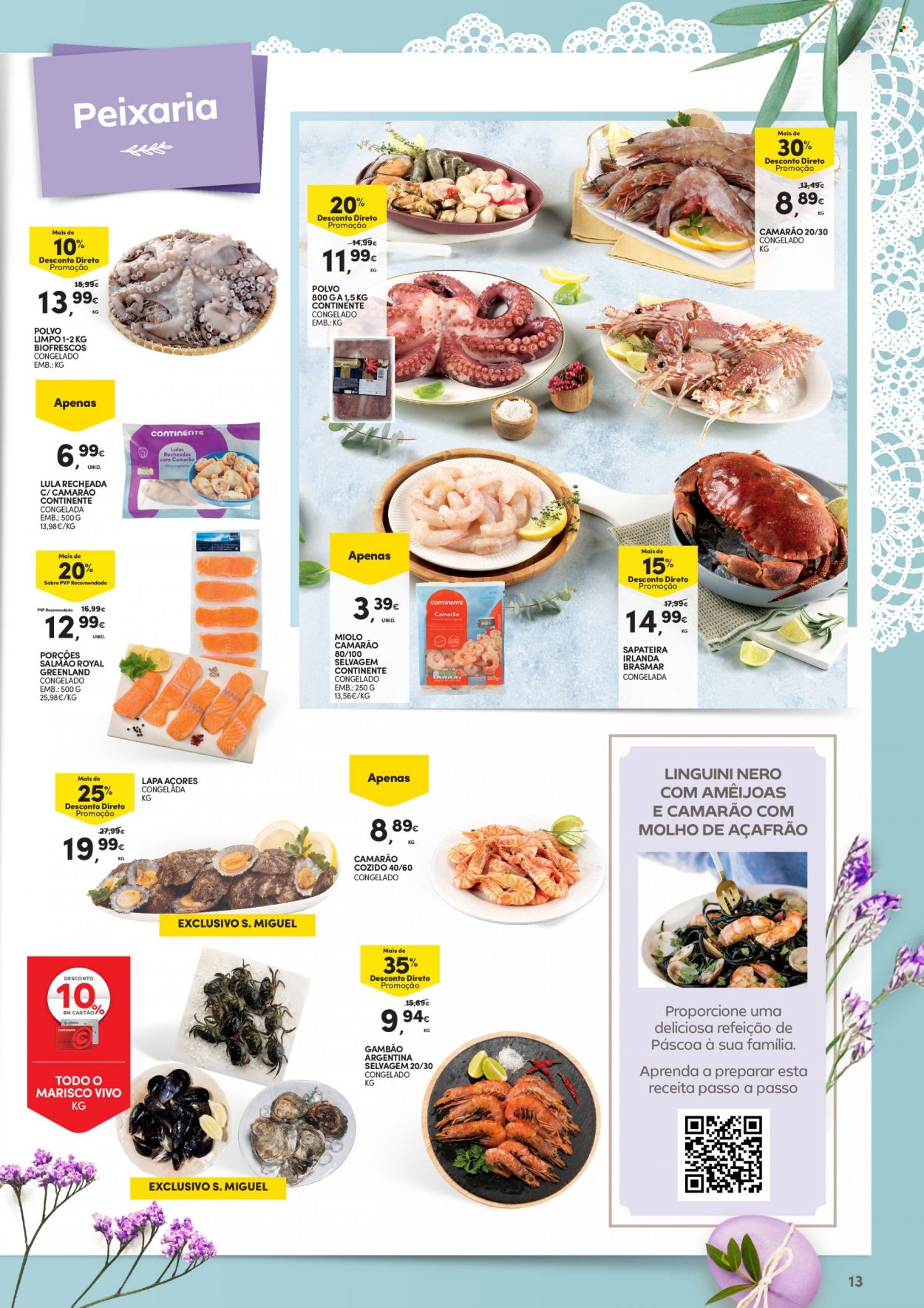 thumbnail - Folheto Continente Modelo - 21.3.2023 - 9.4.2023 - Produtos em promoção - camarão, polvo, marisco, lula, amêijoa, gambão, salmão. Página 13.