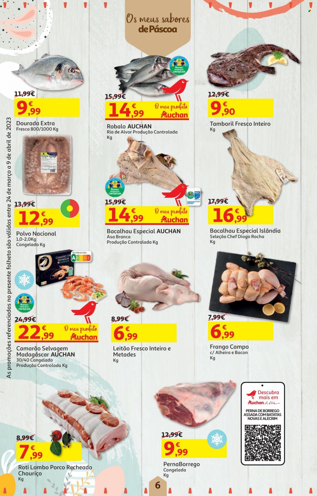 thumbnail - Folheto Auchan - 24.3.2023 - 9.4.2023 - Produtos em promoção - lombo, camarão, polvo, robalo, bacon, chouriço, alheira, leitão. Página 6.