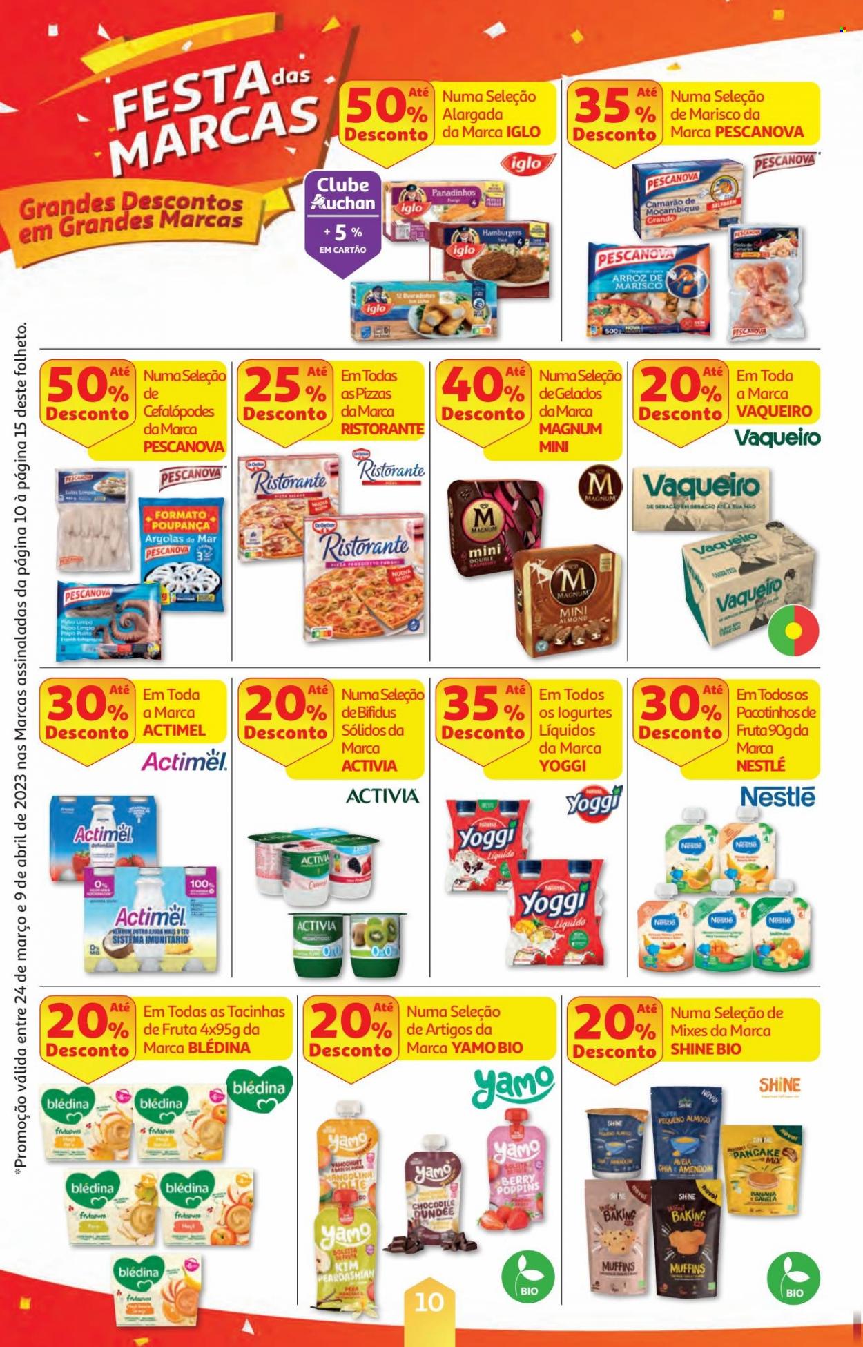 thumbnail - Folheto Auchan - 24.3.2023 - 9.4.2023 - Produtos em promoção - muffin, hamburger, camarão, Iglo, marisco, Pescanova, arroz de mariscos, Dr. Oetker, Activia, Actimel, Magnum, gelado, Nestlé, Blédina. Página 10.