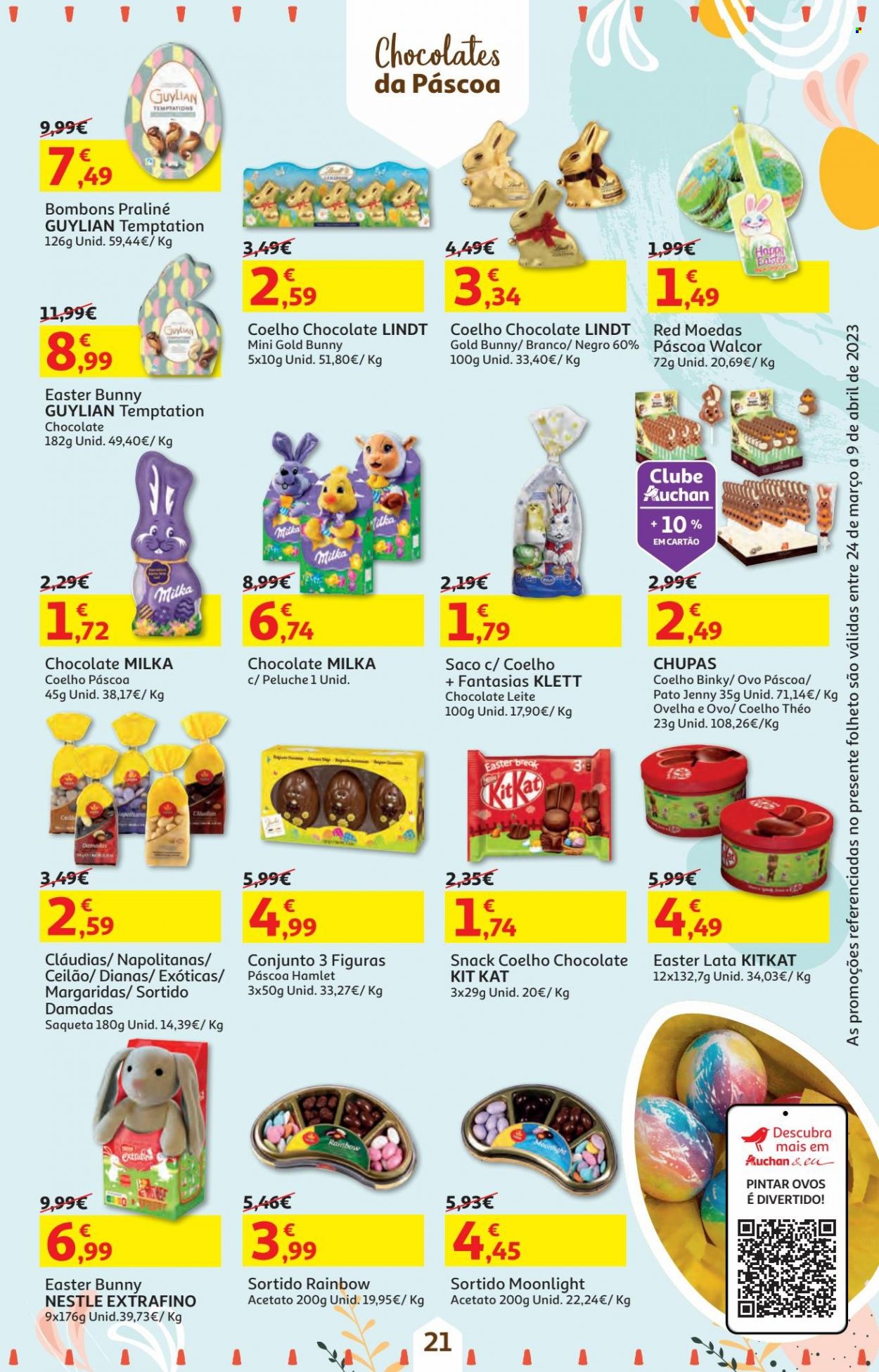 thumbnail - Folheto Auchan - 24.3.2023 - 9.4.2023 - Produtos em promoção - pato, leite, ovos, Nestlé, bombom, caramelos, saqueta, chocolate, coelho de Páscoa. Página 21.