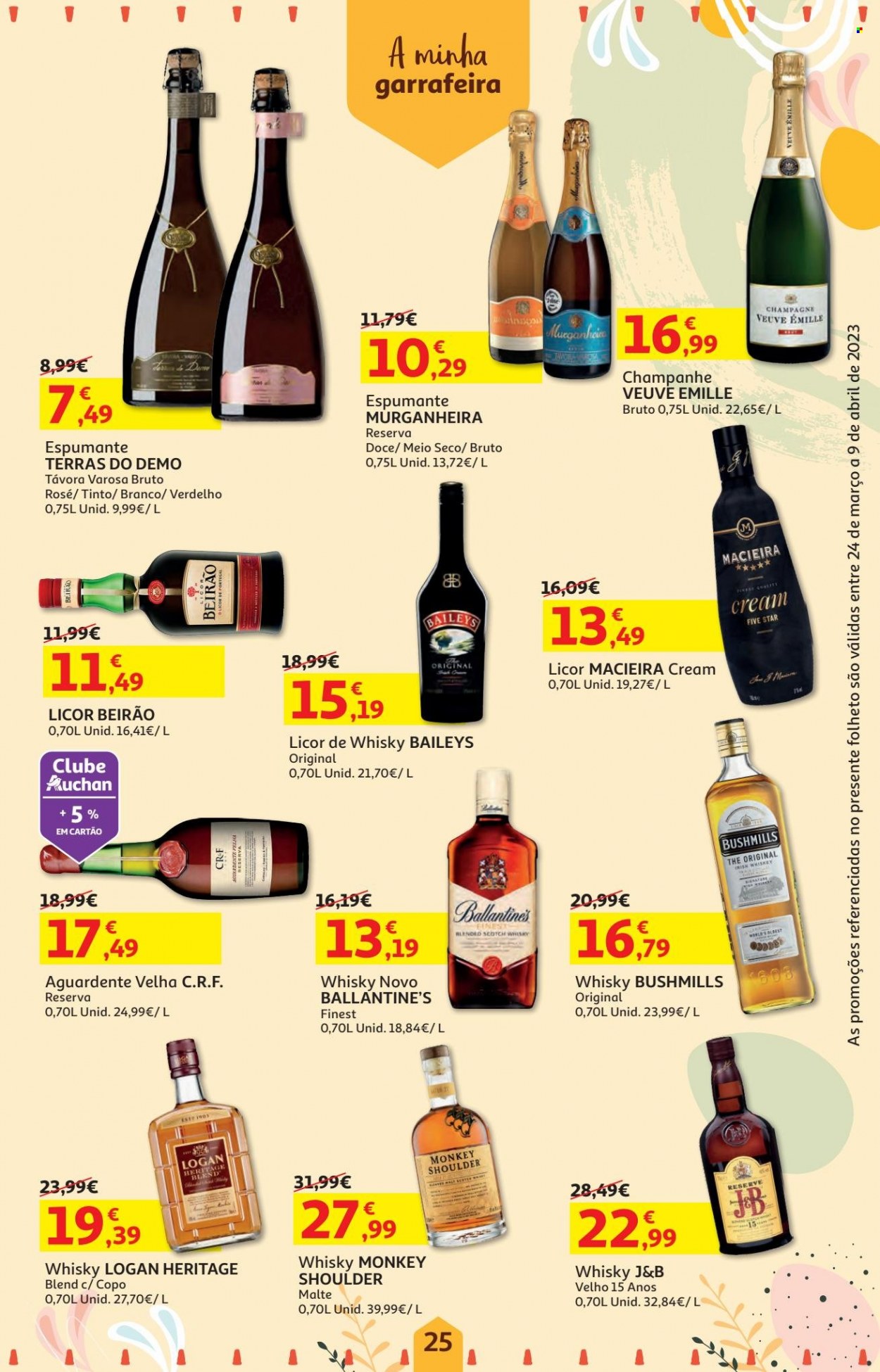 thumbnail - Folheto Auchan - 24.3.2023 - 9.4.2023 - Produtos em promoção - champagne, liqueur, Licor Beirão, Macieira, Aguardente Velha, aguardente, Baileys, whiskey. Página 25.