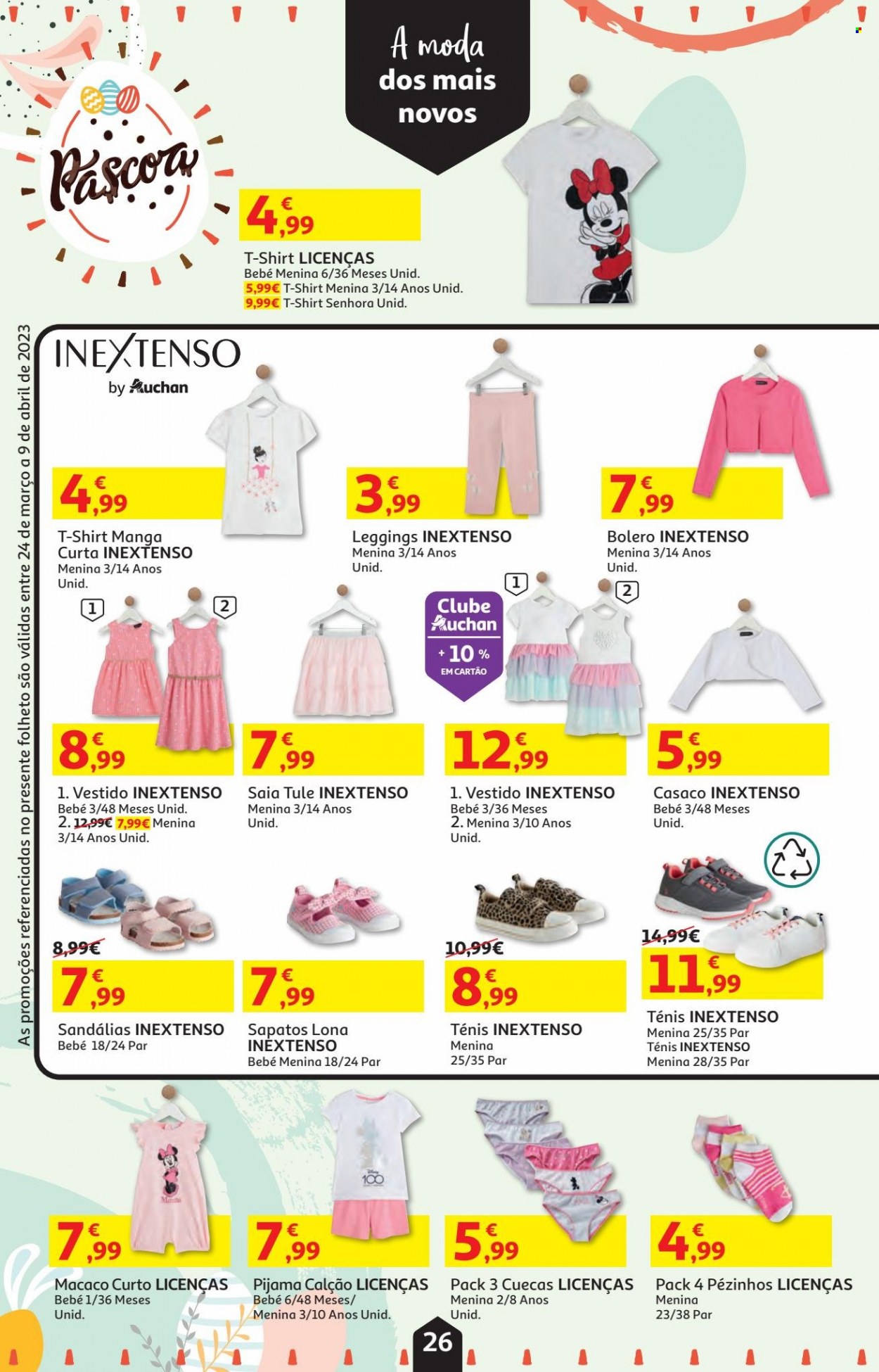 thumbnail - Folheto Auchan - 24.3.2023 - 9.4.2023 - Produtos em promoção - casaco, vestido, saia, t-shirt, cuecas, pijama, leggings, pezinhos, tênis, sapatos, sandálias. Página 26.