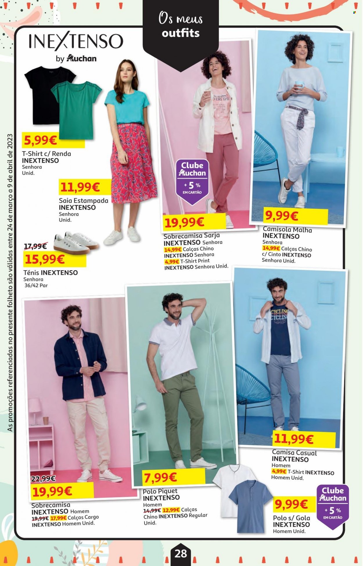 thumbnail - Folheto Auchan - 24.3.2023 - 9.4.2023 - Produtos em promoção - calça, saia, t-shirt, camisa polo, camisa, camisola, cinto, tênis. Página 28.