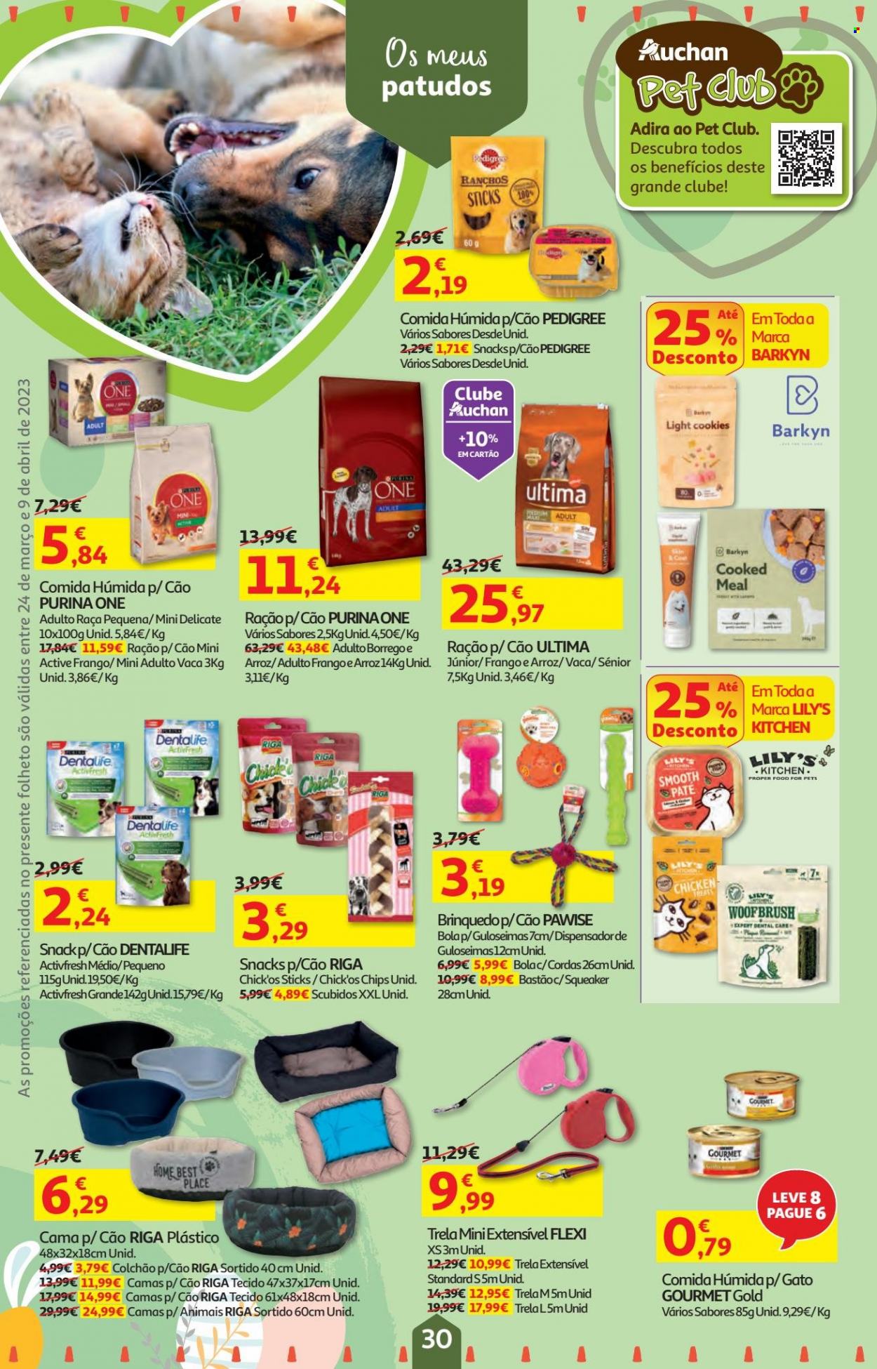 thumbnail - Folheto Auchan - 24.3.2023 - 9.4.2023 - Produtos em promoção - bolachas, chips, alimentos para cães, Pedigree, Purina, ração, colchão, cama, brinquedo. Página 30.