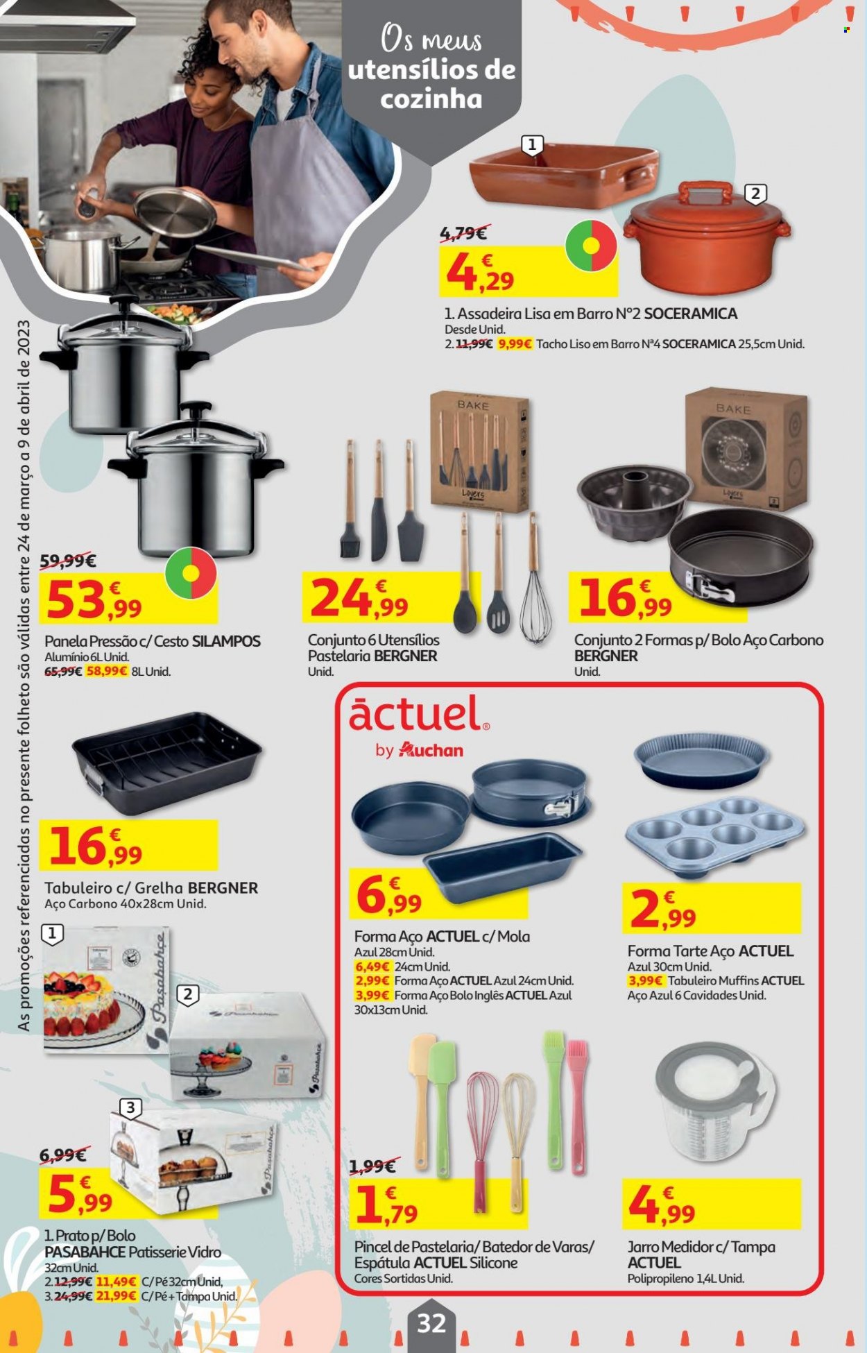thumbnail - Folheto Auchan - 24.3.2023 - 9.4.2023 - Produtos em promoção - cesta, panela de pressão, pincel, assadeira, prato, utensílios de cozinha, tabuleiro. Página 32.