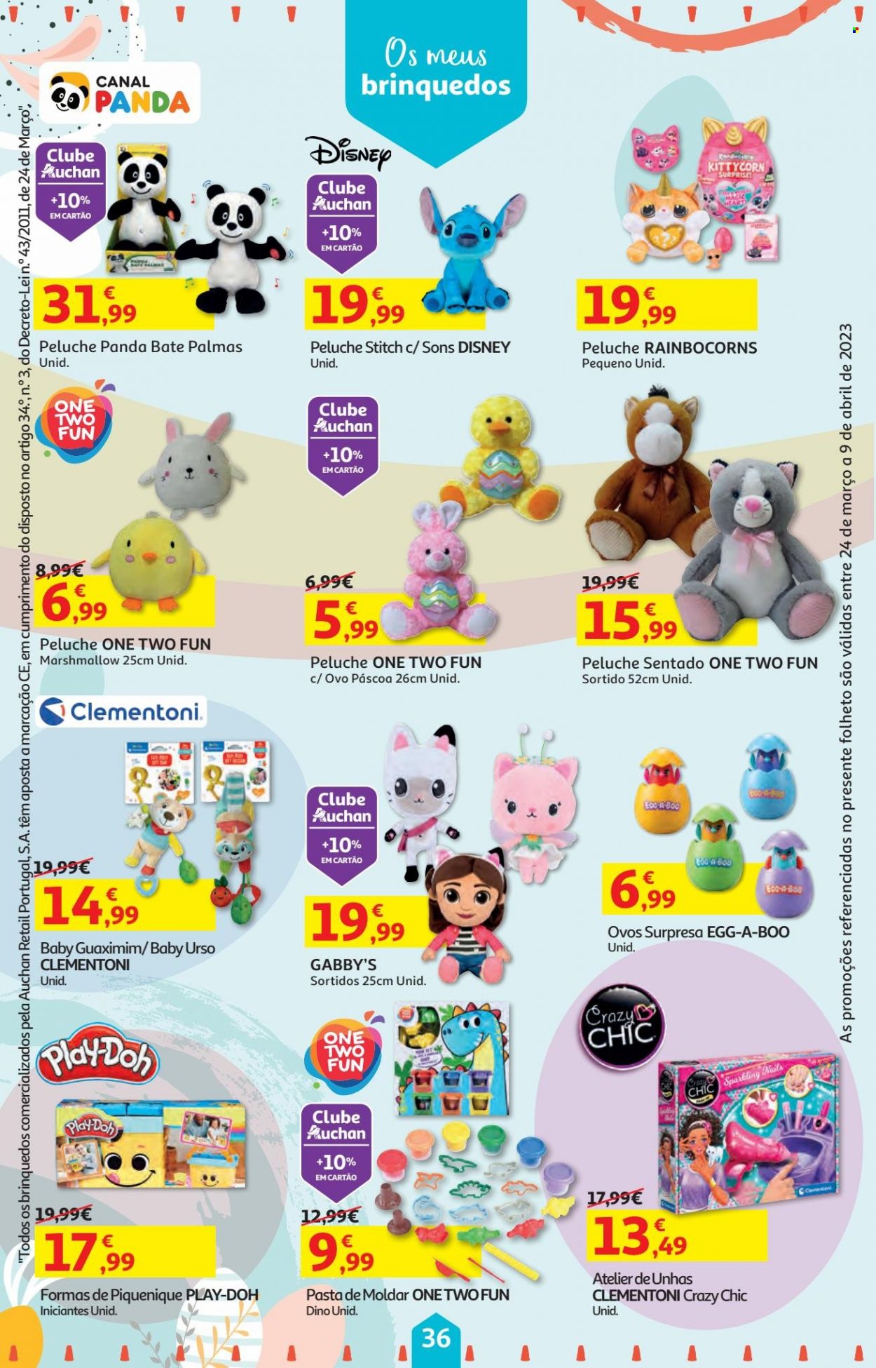 thumbnail - Folheto Auchan - 24.3.2023 - 9.4.2023 - Produtos em promoção - ovos, marshmallows, Disney, Play-Doh, brinquedo. Página 36.