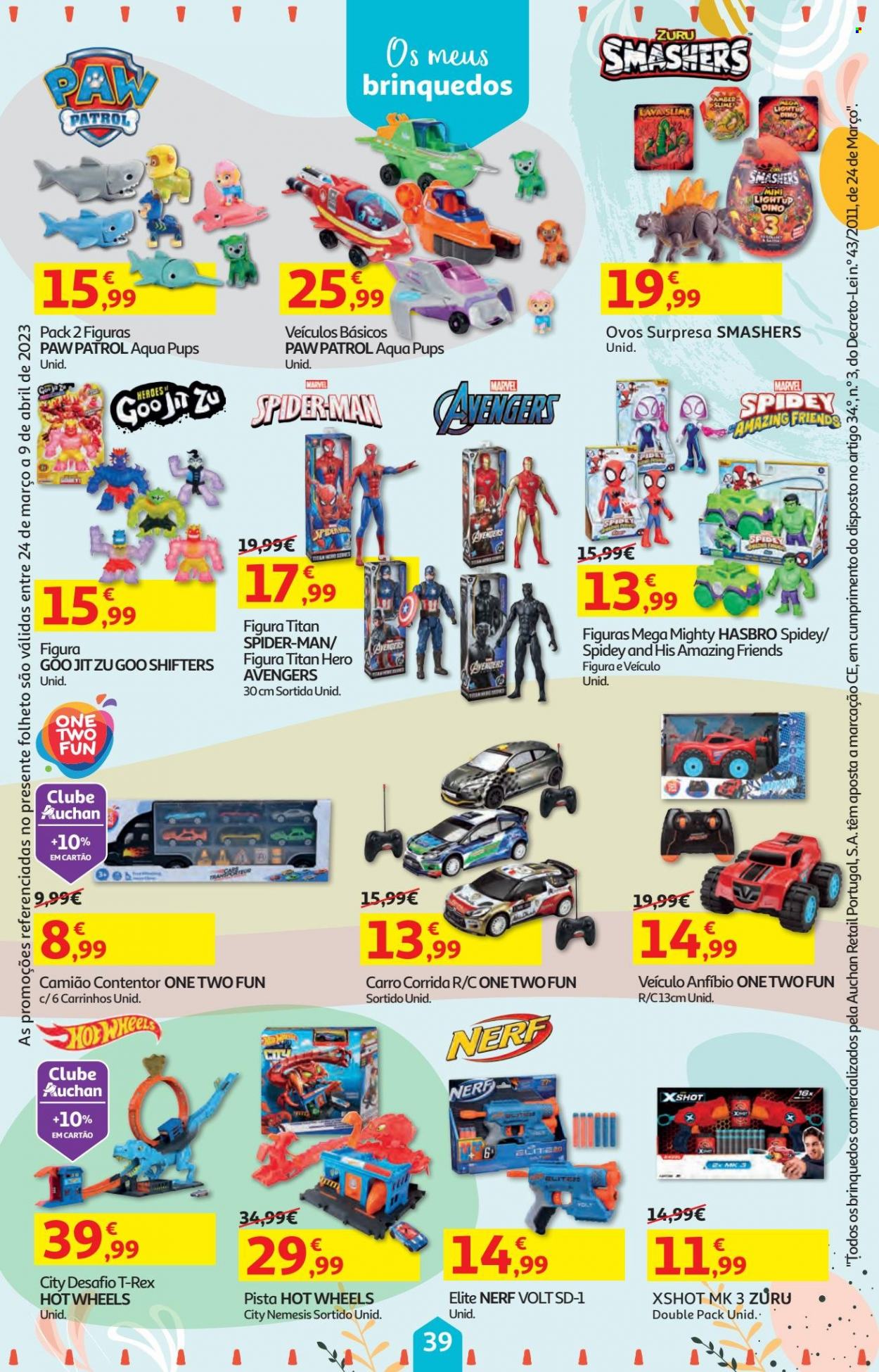 thumbnail - Folheto Auchan - 24.3.2023 - 9.4.2023 - Produtos em promoção - ovos, Hot Wheels, Avengers, Marvel, figura, Nerf, Hasbro, brinquedo, slime, carro brinquedo. Página 39.