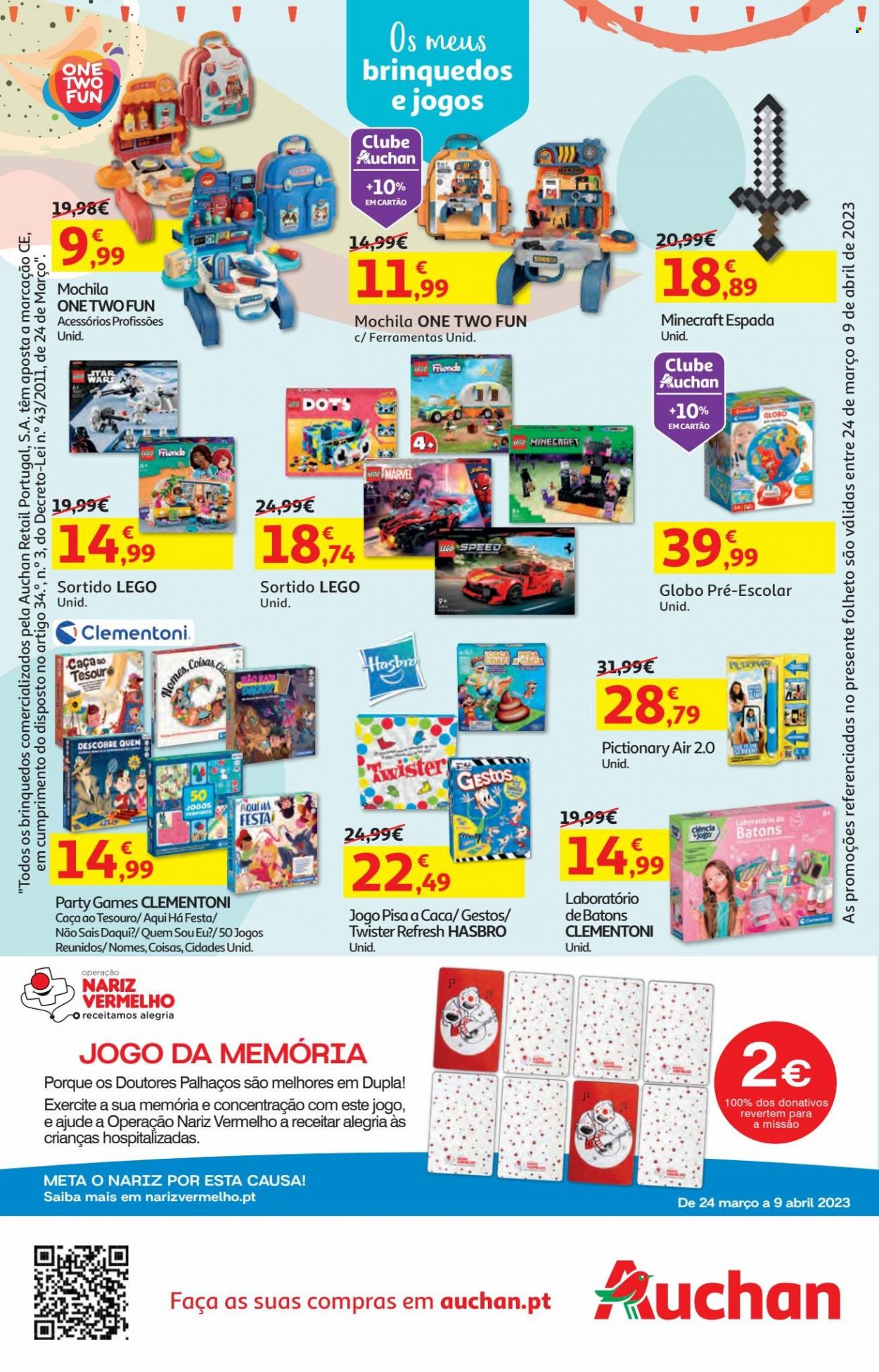 thumbnail - Folheto Auchan - 24.3.2023 - 9.4.2023 - Produtos em promoção - Twister, LEGO, mochila, Hasbro, brinquedo, LEGO Minecraft, ferramentas. Página 40.
