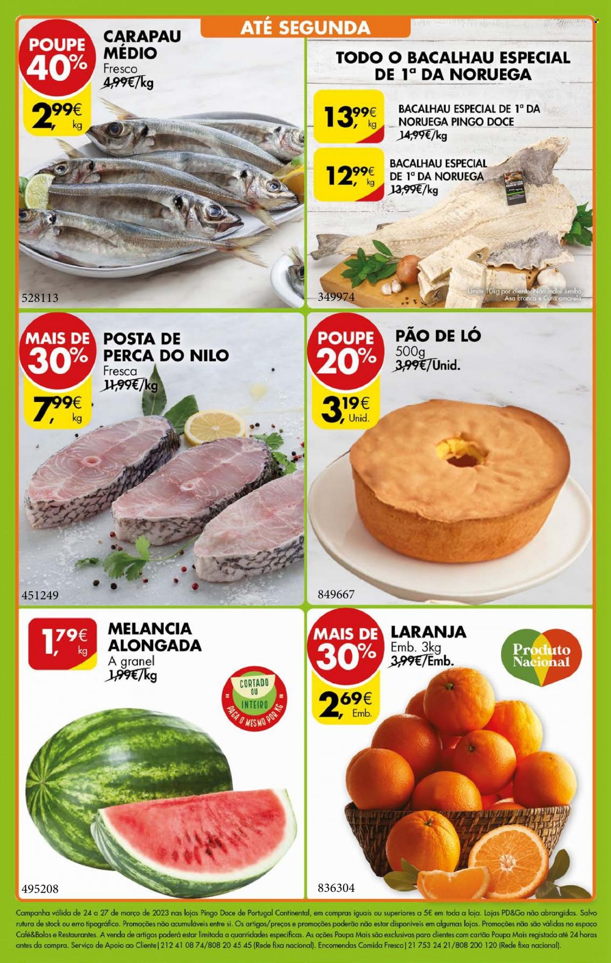 thumbnail - Folheto Pingo Doce - 24.3.2023 - 27.3.2023 - Produtos em promoção - melancia, pão de ló, peixe, carapau, café. Página 3.