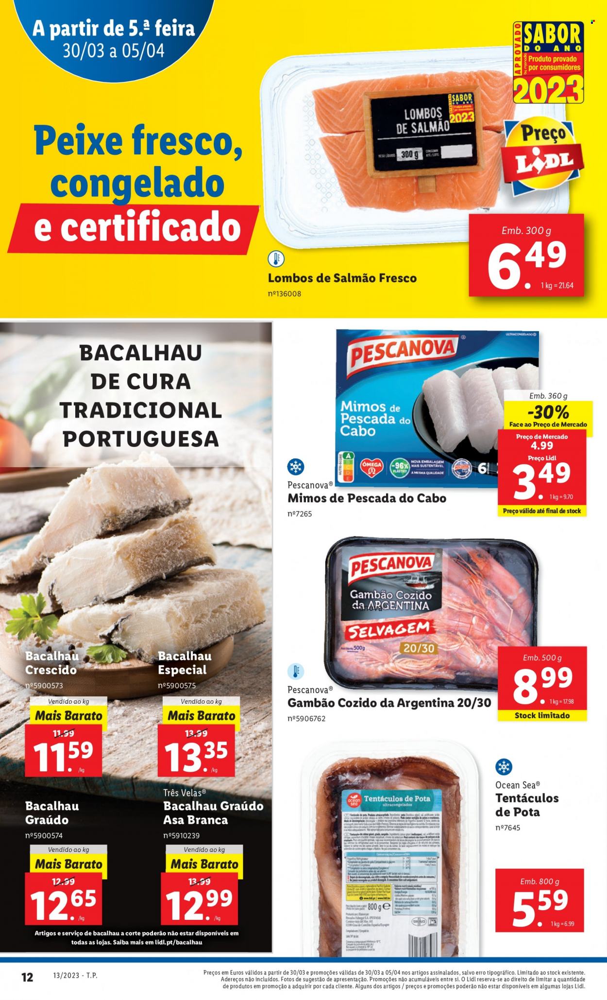 thumbnail - Folheto Lidl - 30.3.2023 - 5.4.2023 - Produtos em promoção - carne, tentáculos de polvo, Pescanova, salmão. Página 32.