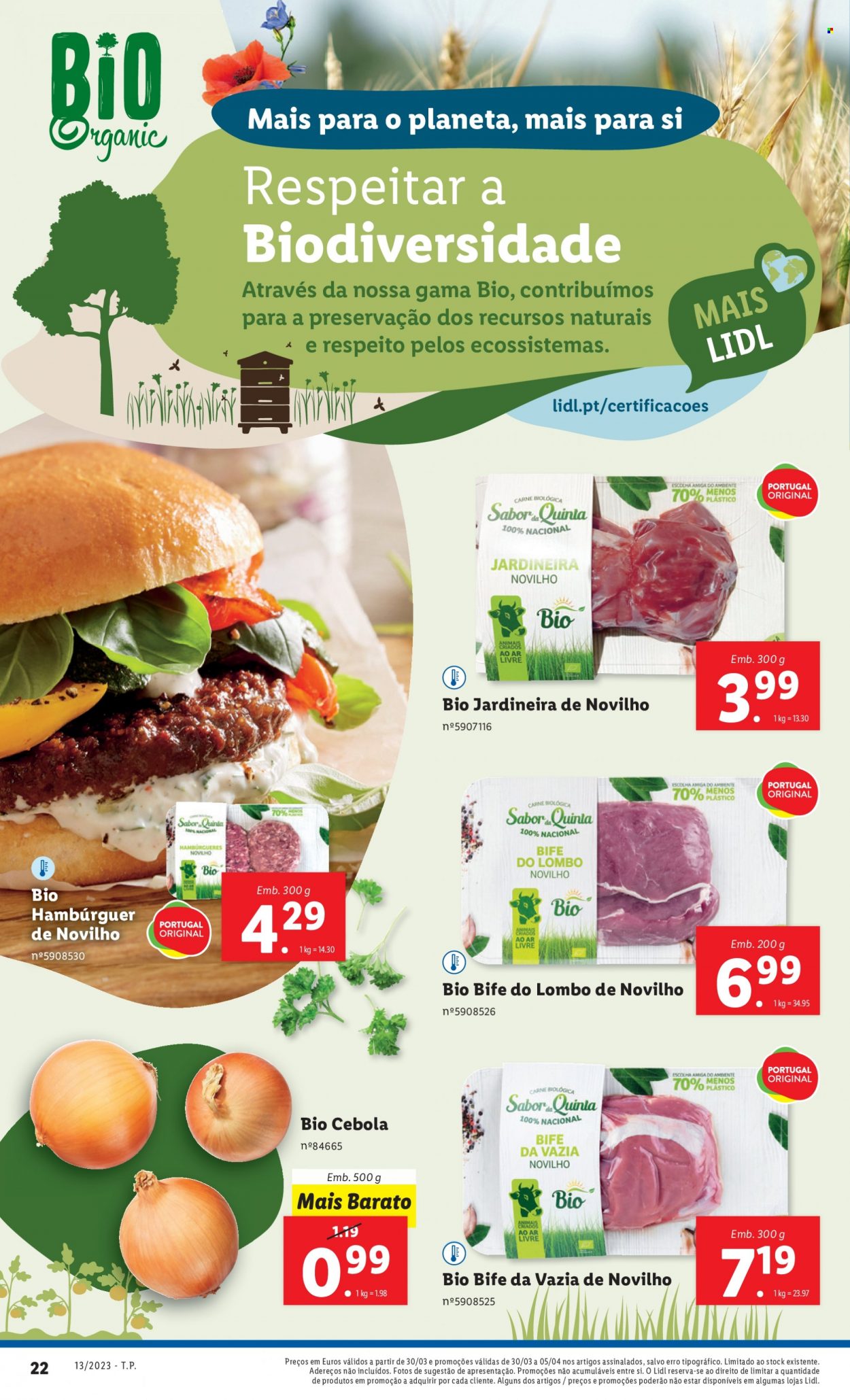 thumbnail - Folheto Lidl - 30.3.2023 - 5.4.2023 - Produtos em promoção - cebola, bife, lombo, jardineira, carne de novilho, hamburger. Página 42.