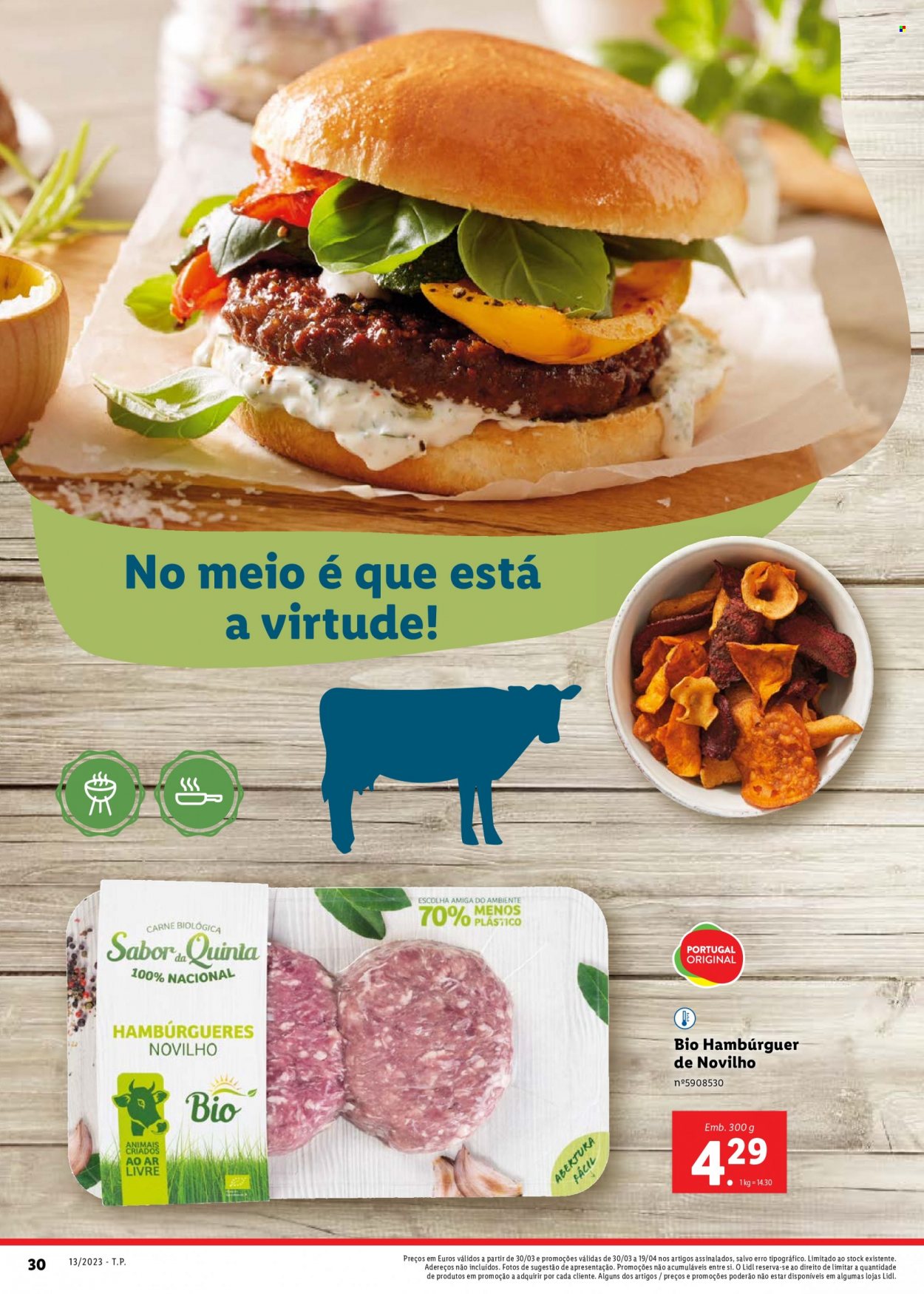 thumbnail - Folheto Lidl - 30.3.2023 - 19.4.2023 - Produtos em promoção - carne, carne de novilho, hamburger. Página 30.