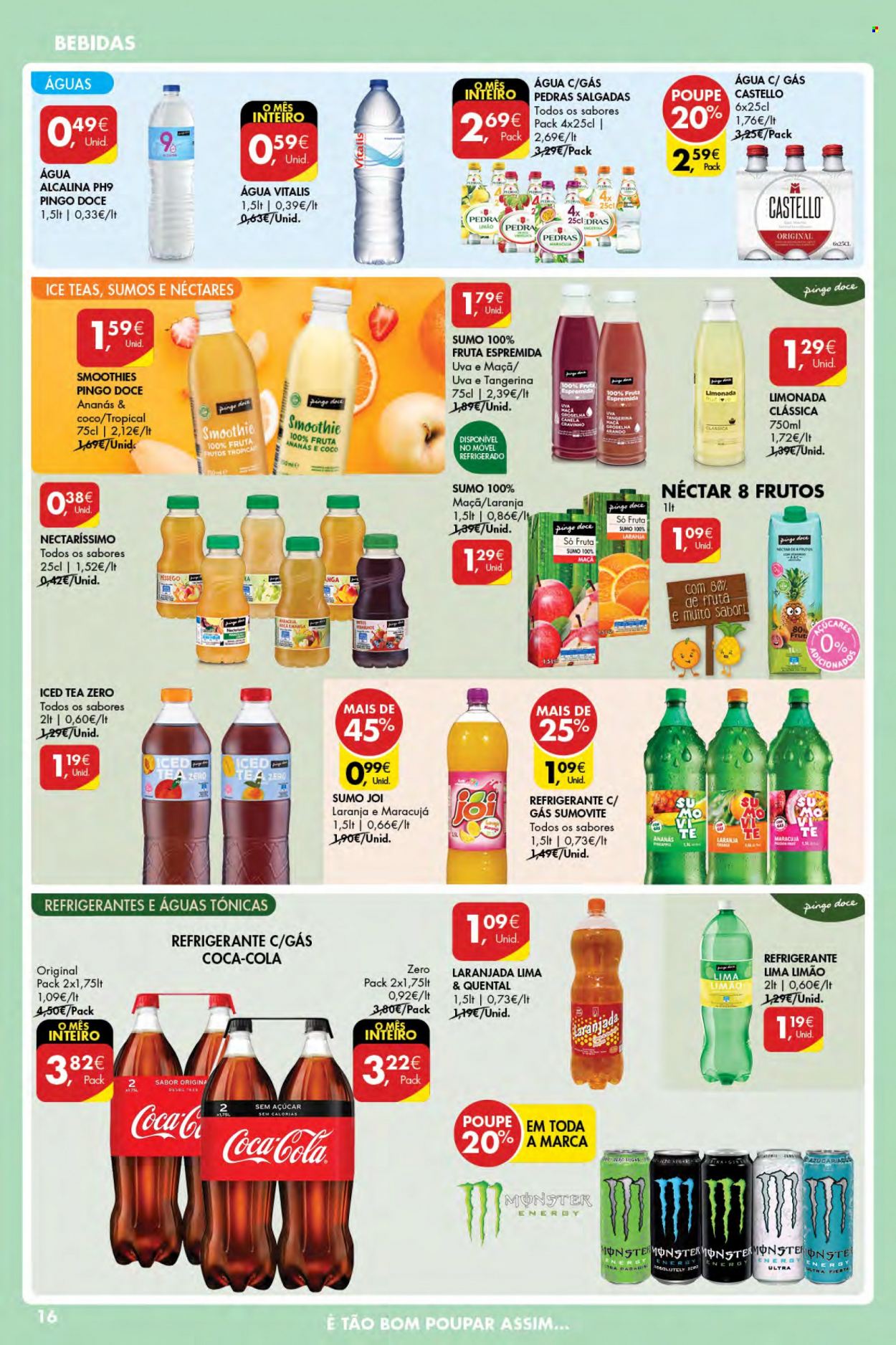 thumbnail - Folheto Pingo Doce - 23.3.2023 - 29.3.2023 - Produtos em promoção - Coca Cola, nectar, refrigerante, Jói, sumo, smoothie, água com gás, água. Página 16.