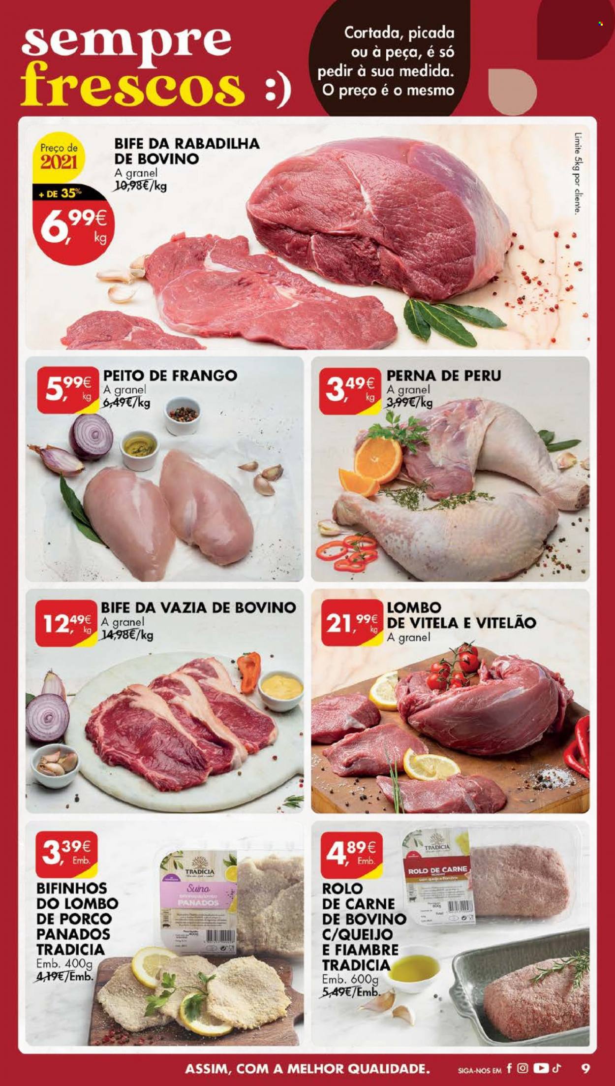 thumbnail - Folheto Pingo Doce - 28.3.2023 - 3.4.2023 - Produtos em promoção - bife, lombo, rolo de carne, lombo de porco, peito de frango, perú, vazia de bovino. Página 19.