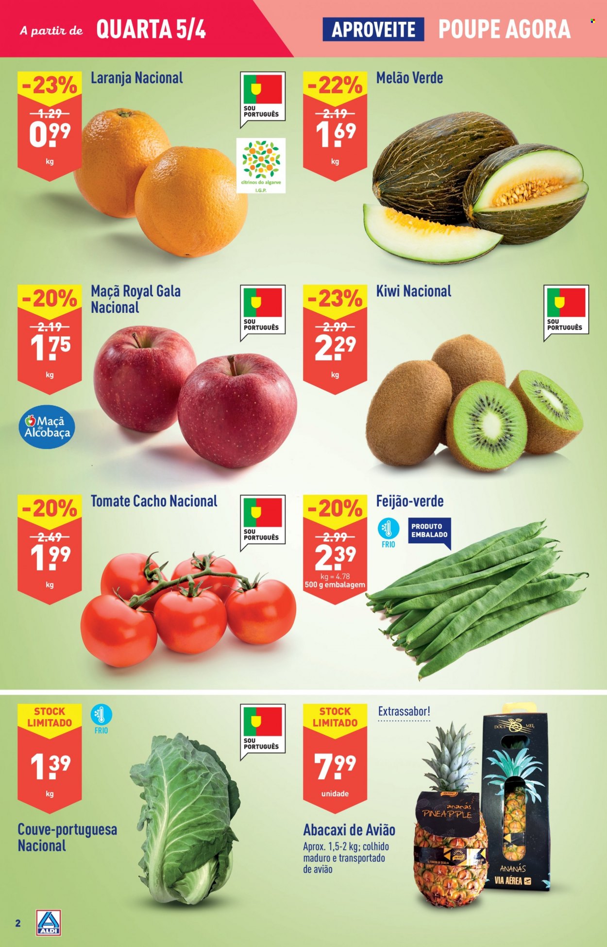 thumbnail - Folheto Aldi - 5.4.2023 - 11.4.2023 - Produtos em promoção - maçã, abacaxi, kiwi, laranja, melão, couve, feijão verde, feijão, melão verde. Página 2.