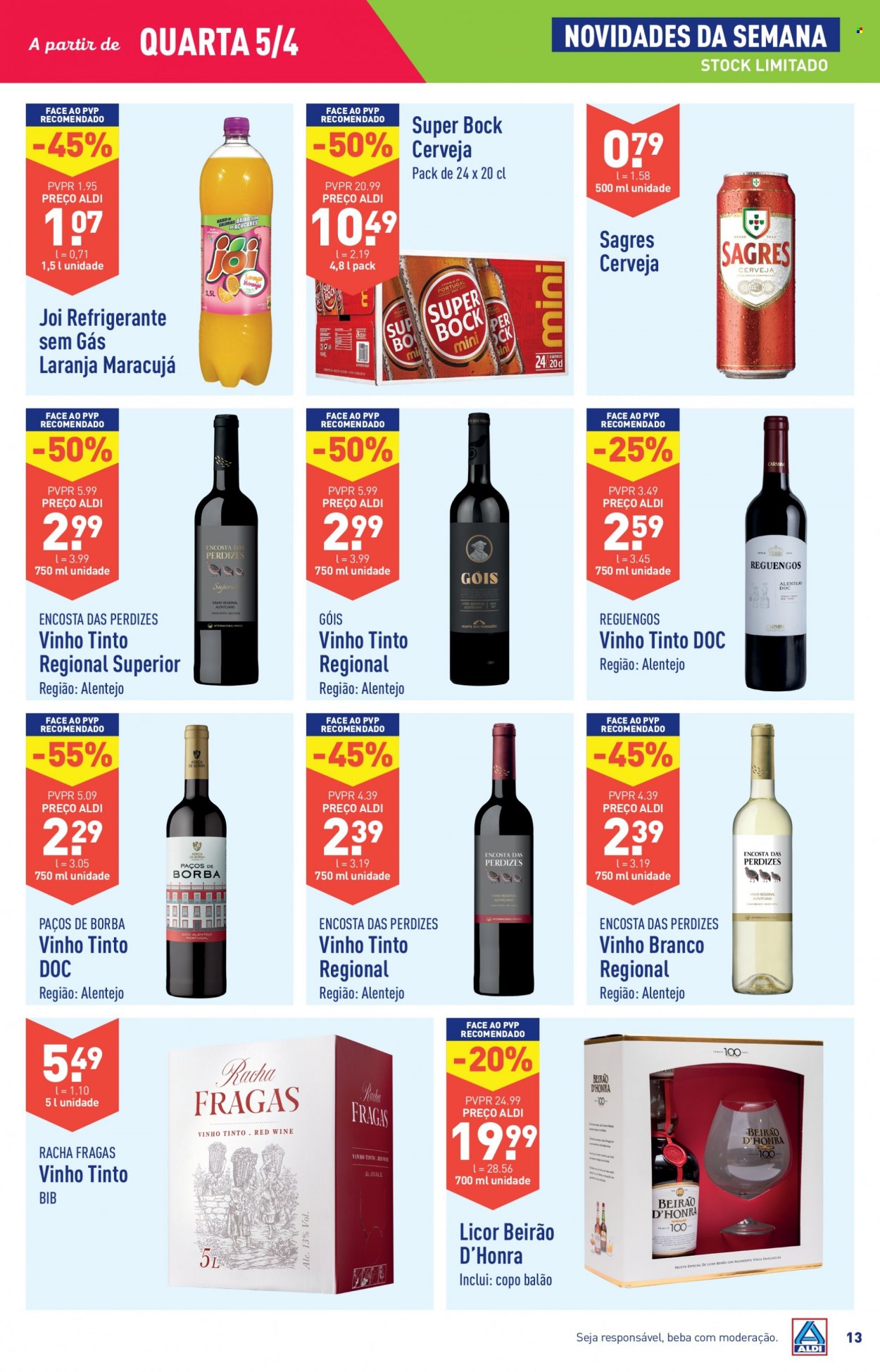 thumbnail - Folheto Aldi - 5.4.2023 - 11.4.2023 - Produtos em promoção - refrigerante, Jói, liqueur, Licor Beirão, vinho, vinho tinto. Página 13.