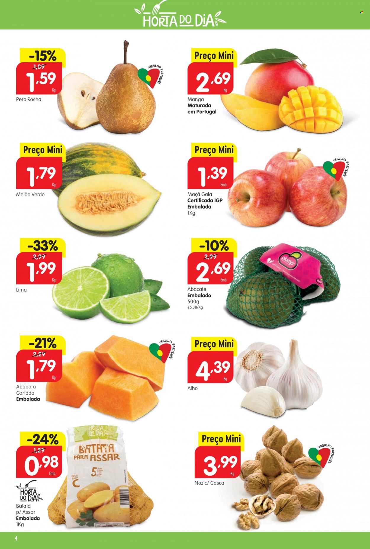 thumbnail - Folheto Minipreço - 30.3.2023 - 5.4.2023 - Produtos em promoção - maçã, pera, melão, abacate, manga, lima, batata, abóbora, alho, melão verde. Página 4.