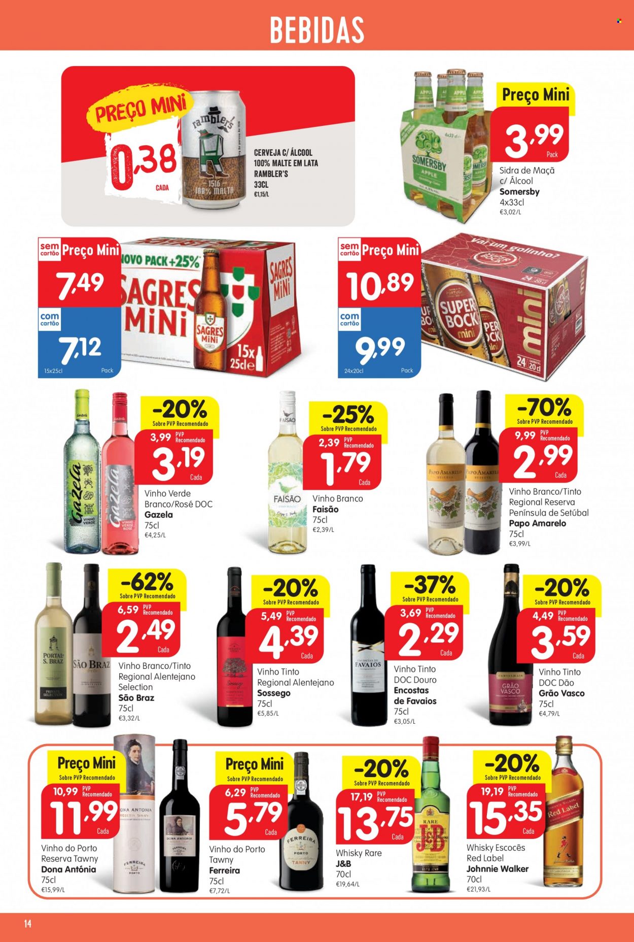 thumbnail - Folheto Minipreço - 30.3.2023 - 5.4.2023 - Produtos em promoção - Somersby, whiskey, sidra, Johnnie Walker, vinho, vinho do Porto. Página 14.