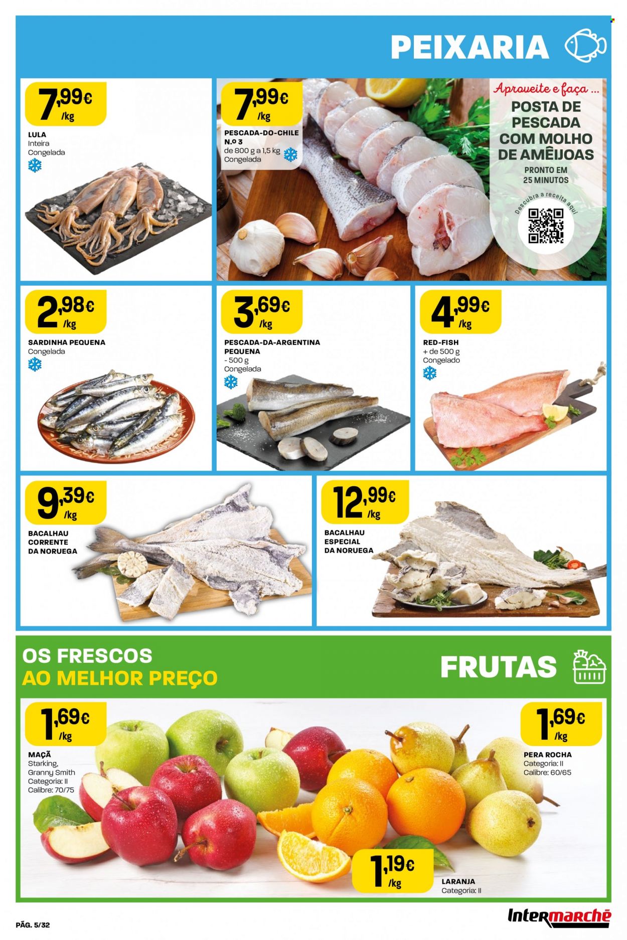 thumbnail - Folheto Intermarché - 30.3.2023 - 5.4.2023 - Produtos em promoção - maçã, pera, laranja, lula, filetes de peixe, amêijoa, sardinhas, bacalhau, peixe. Página 5.