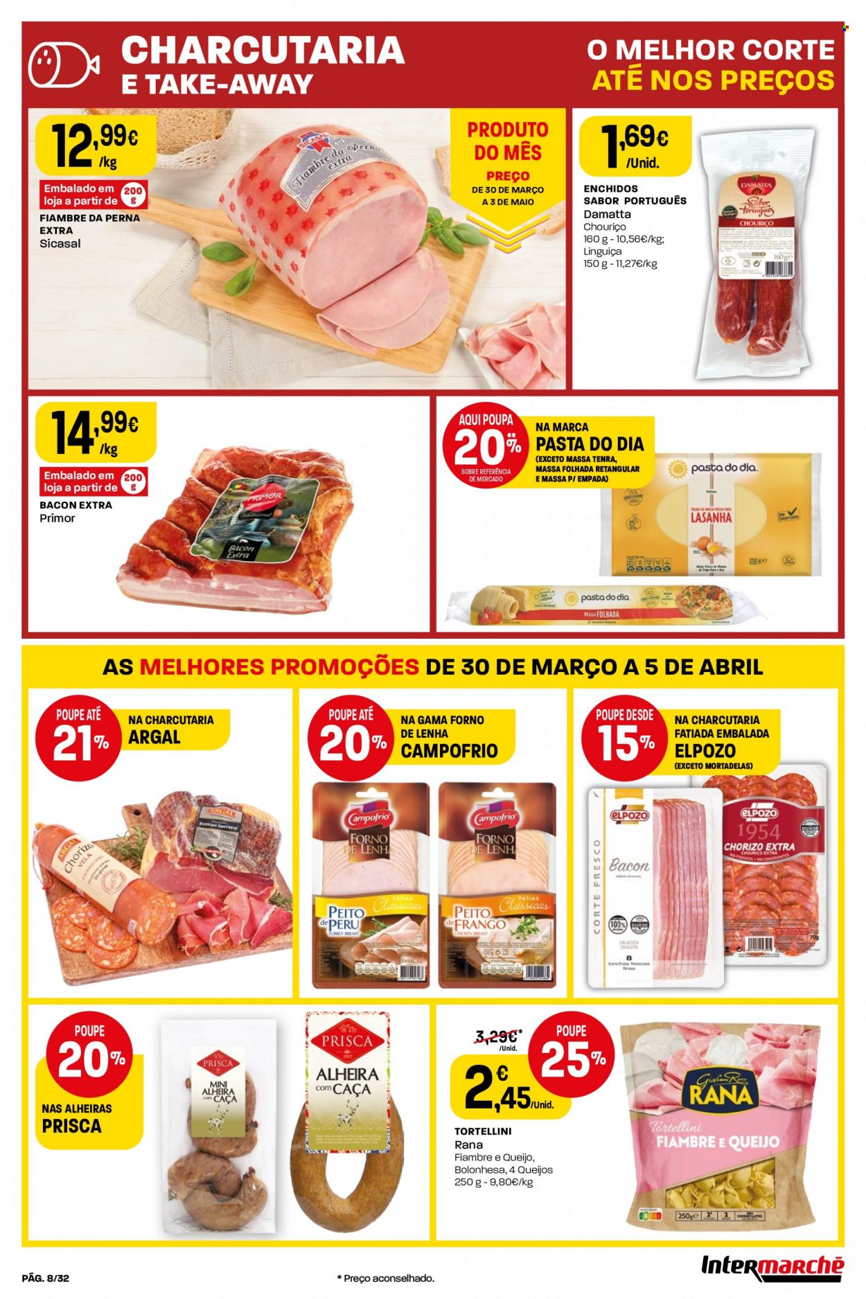 thumbnail - Folheto Intermarché - 30.3.2023 - 5.4.2023 - Produtos em promoção - tortellini, bacon, chouriço, linguiça. Página 8.