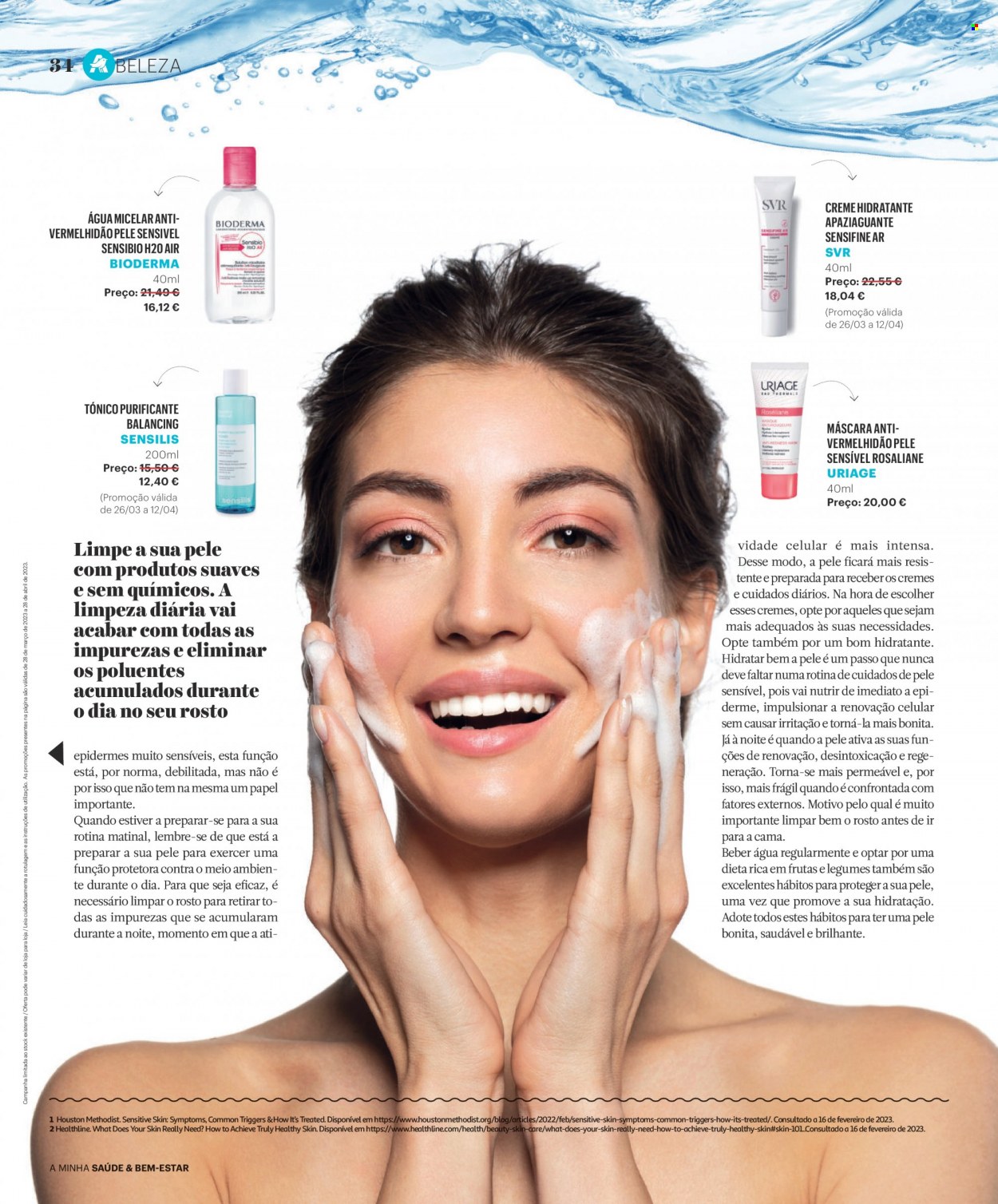thumbnail - Folheto Auchan - 28.3.2023 - 28.4.2023 - Produtos em promoção - Bioderma, água micelar, máscara, Uriage, creme hidratante. Página 34.